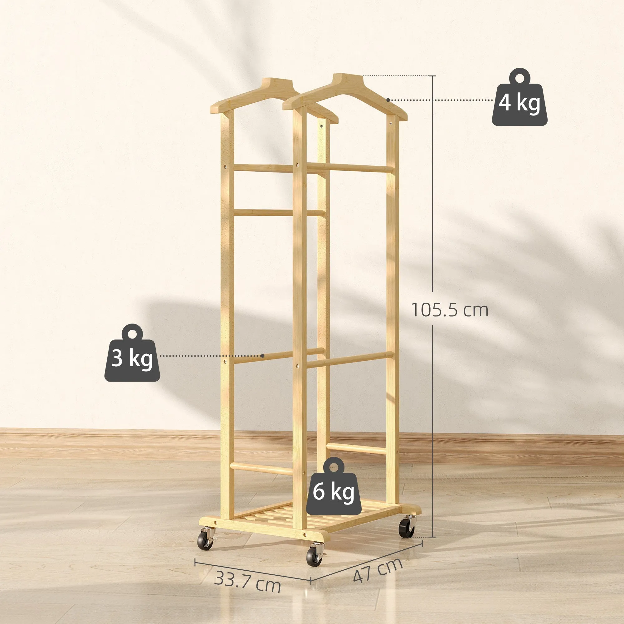 HOMCOM 4-in-1 Bamboo Valet Stand with 2 Rods, Empty Pockets Tray and Shoe Shelf, 47 x 33.7 x 105.5 cm - Image 3