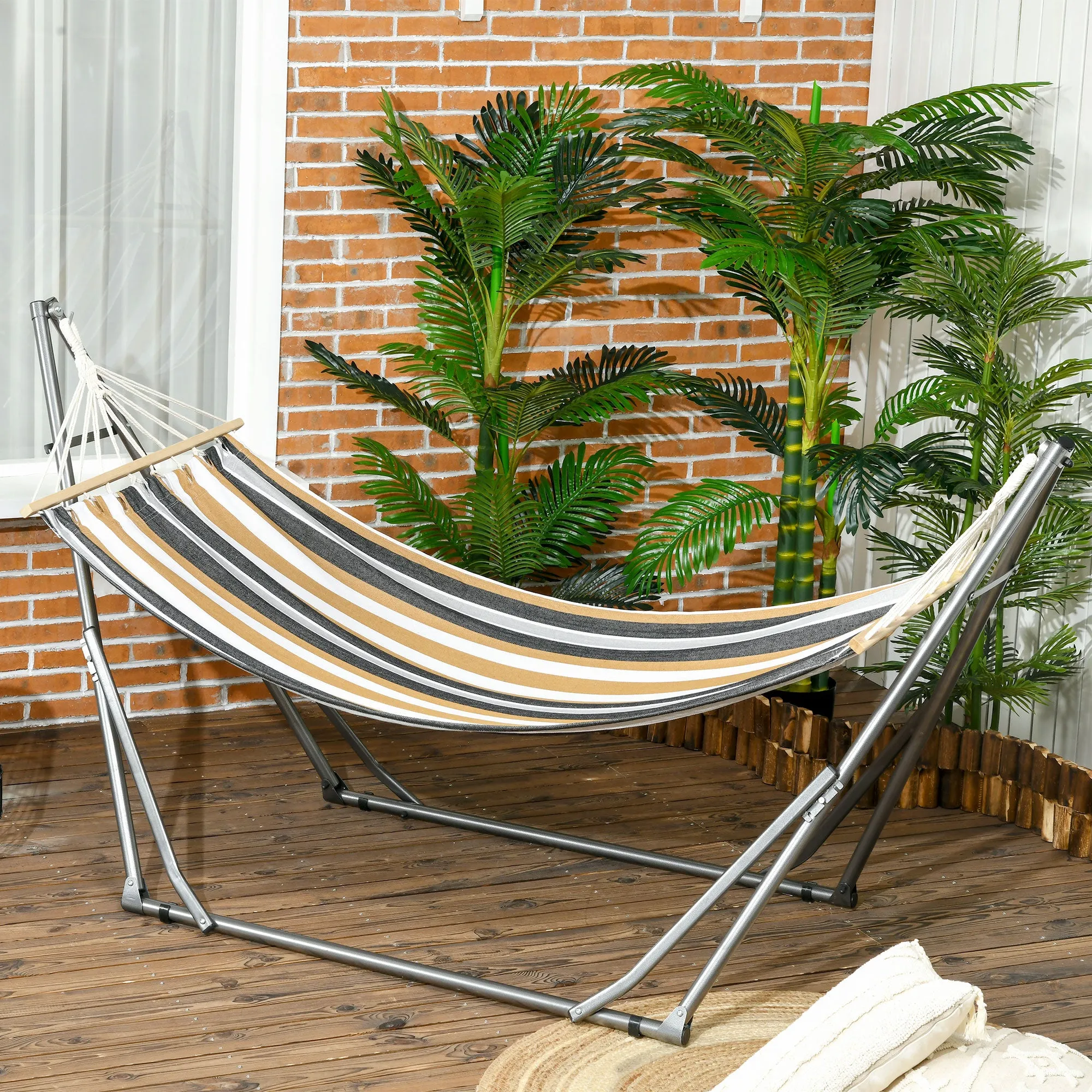 Outsunny Freestanding Hammock with Folding Stand, Cotton Lounger and Steel Frame, Grey - Image 2