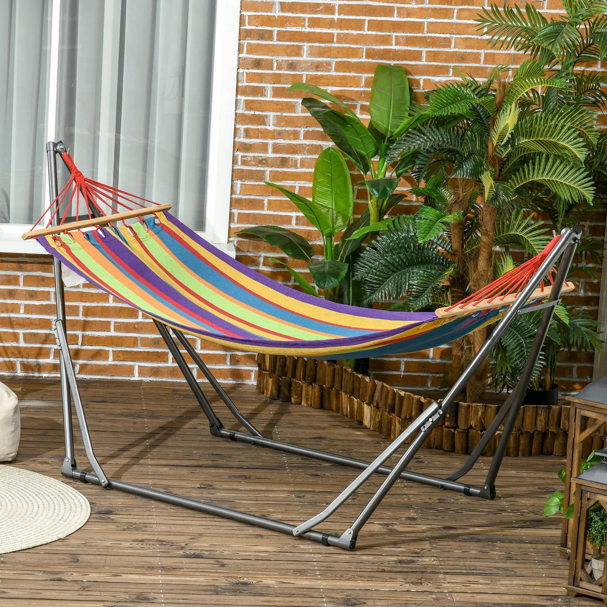 Outsunny Freestanding Hammock with Folding Stand, Cotton Lounger and Steel Frame, Multicolored - Image 2