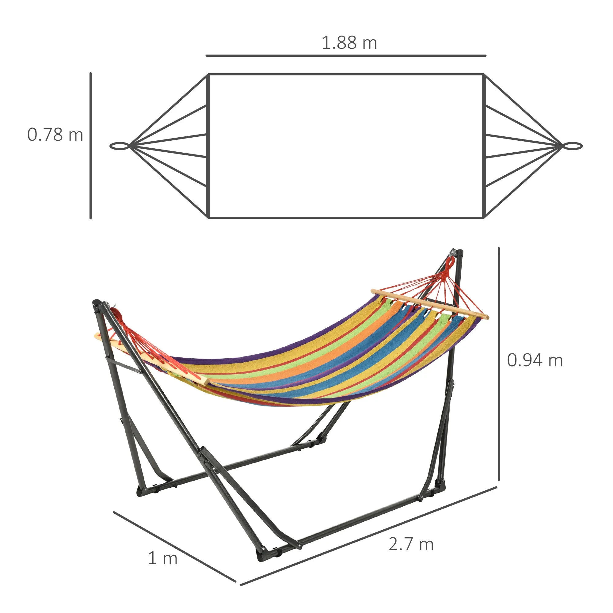 Outsunny Freestanding Hammock with Folding Stand, Cotton Lounger and Steel Frame, Multicolored - Image 3