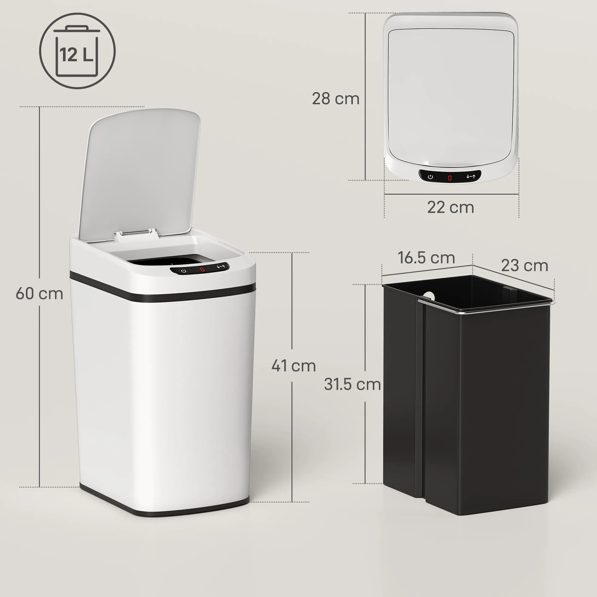 HOMCOM 12L Infrared Waste Bin with Removable Bucket, Stainless Steel, ABS and PP, 28x22x41 cm, White - Image 3