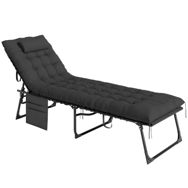Outsunny Folding Sun Lounger with Cushion, Headrest and Side Pocket, 58x189x32.5 cm, Black