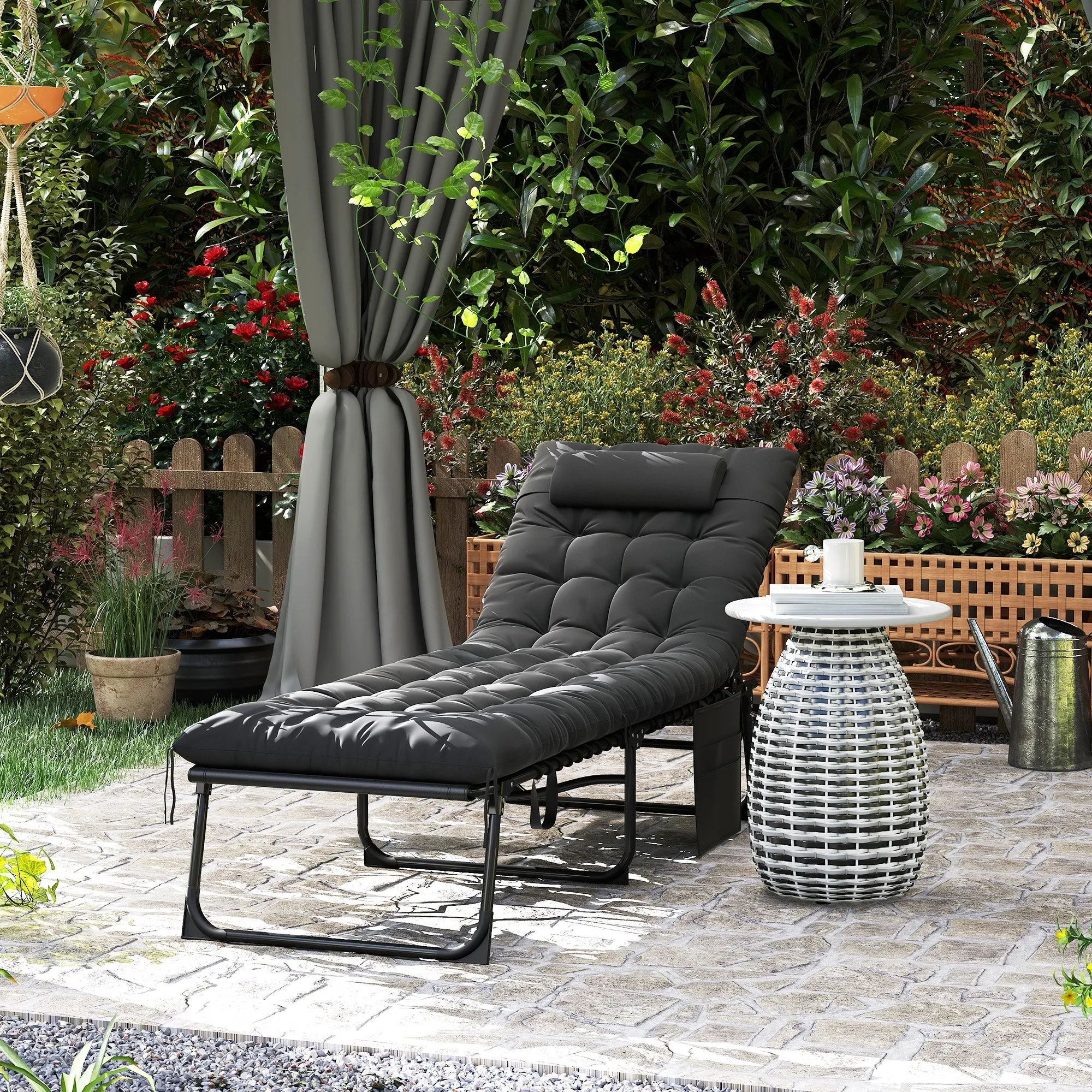 Outsunny Folding Sun Lounger with Cushion, Headrest and Side Pocket, 58x189x32.5 cm, Black - Image 2