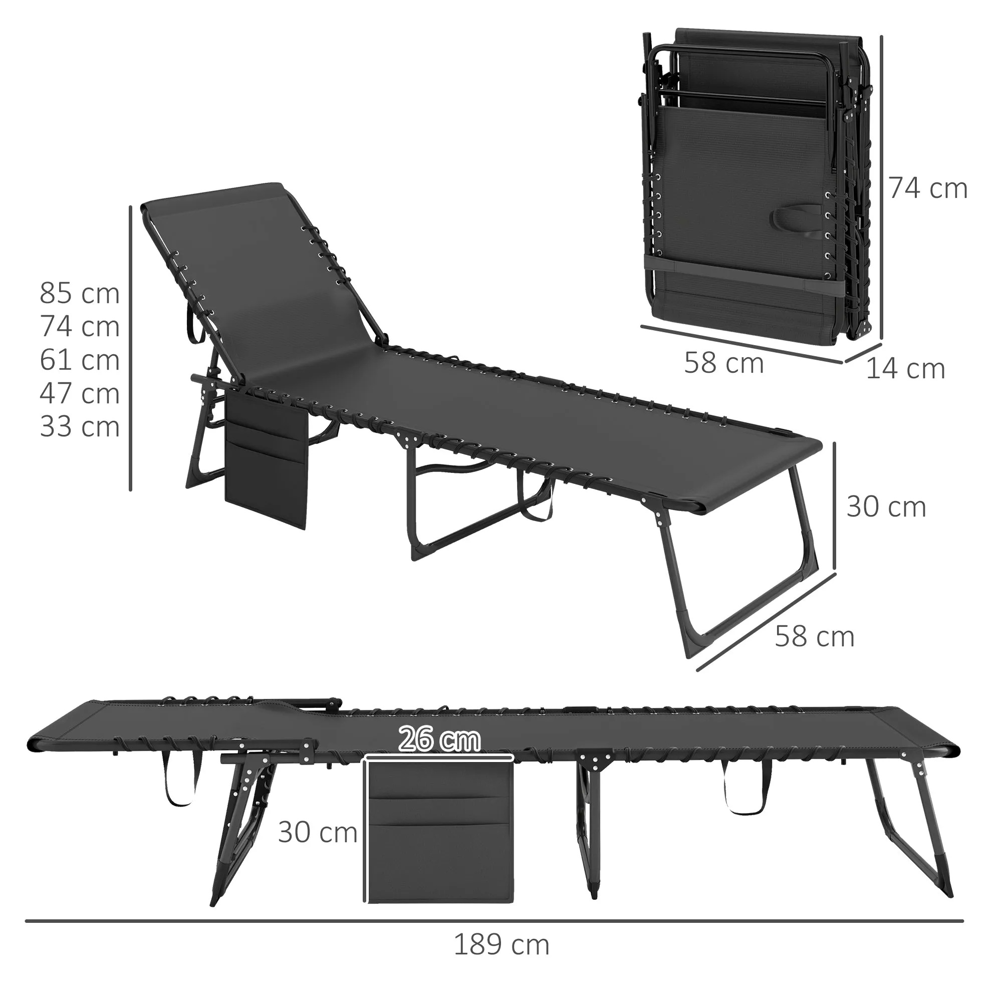 Outsunny Folding Sun Lounger with Cushion, Headrest and Side Pocket, 58x189x32.5 cm, Black - Image 3