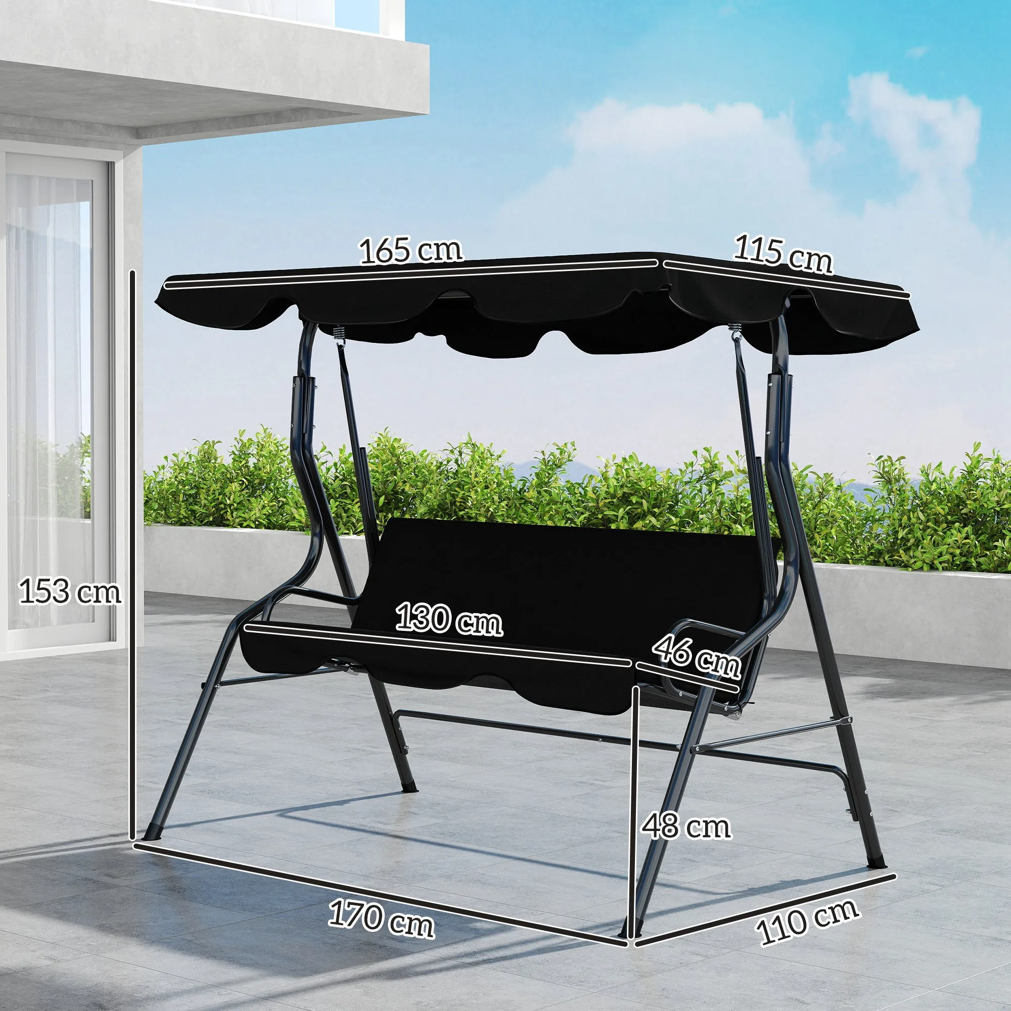 Outsunny 3-Seater Swing with Adjustable Canopy and Cushions, Steel and Polyester, 170x110x153 cm, Black - Image 3