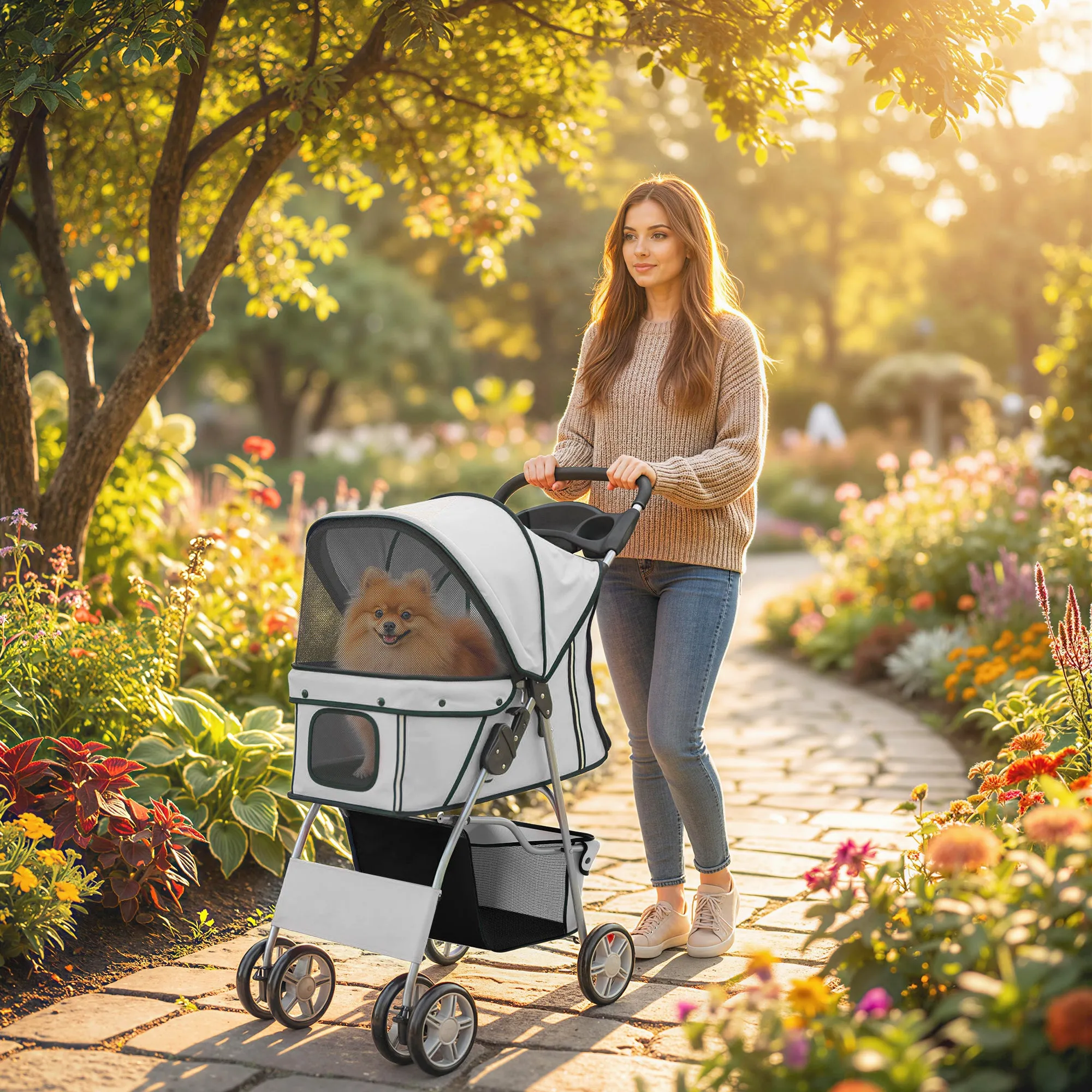 PawHut Folding Dog Stroller with Reflectors, Swivel Wheels, Brakes, and Washable Cushion, Grey - Image 2