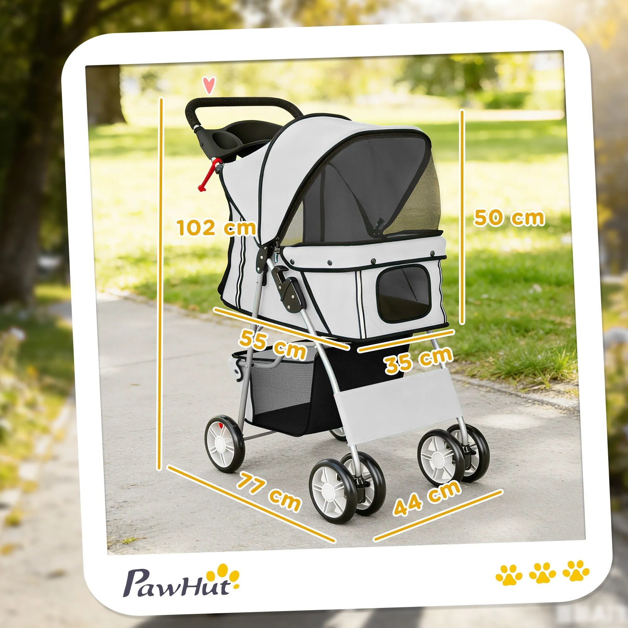 PawHut Folding Dog Stroller with Reflectors, Swivel Wheels, Brakes, and Washable Cushion, Grey - Image 3