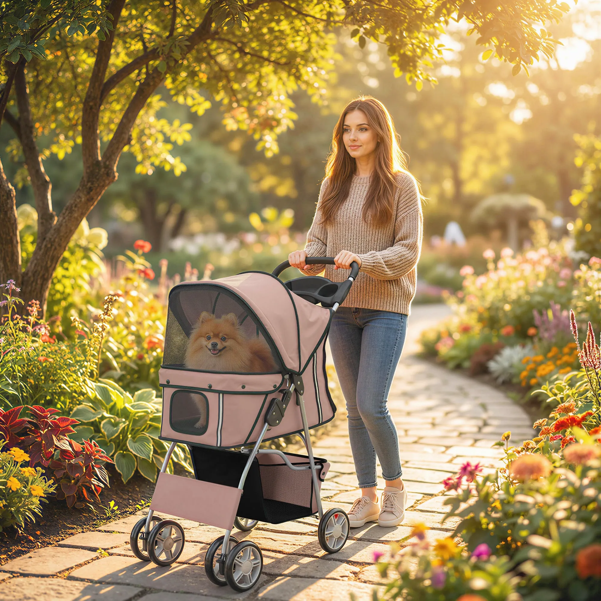 PawHut Folding Dog Stroller with Reflectors, Swivel Wheels, Brakes, and Washable Cushion, Coffee - Image 2