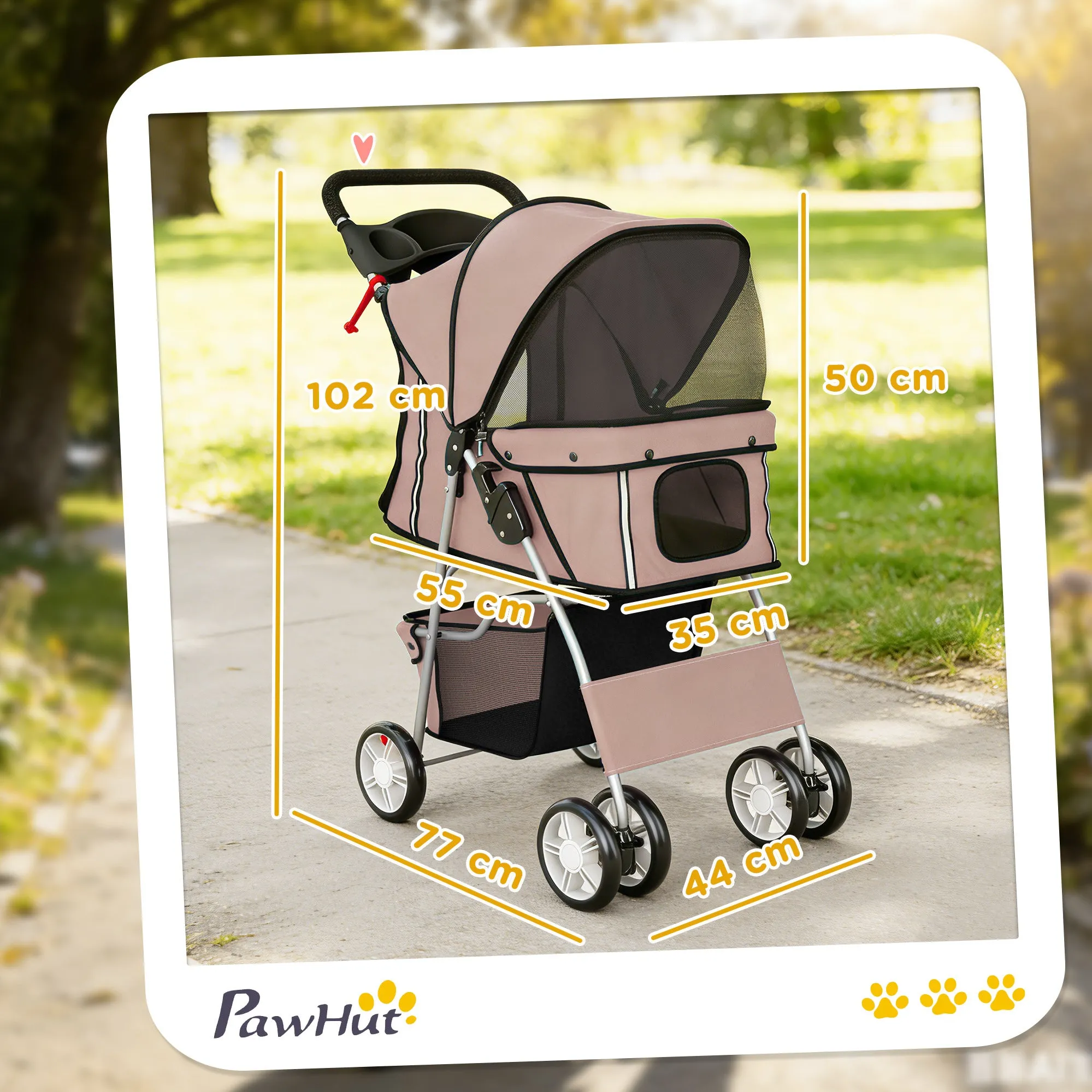 PawHut Folding Dog Stroller with Reflectors, Swivel Wheels, Brakes, and Washable Cushion, Coffee - Image 3