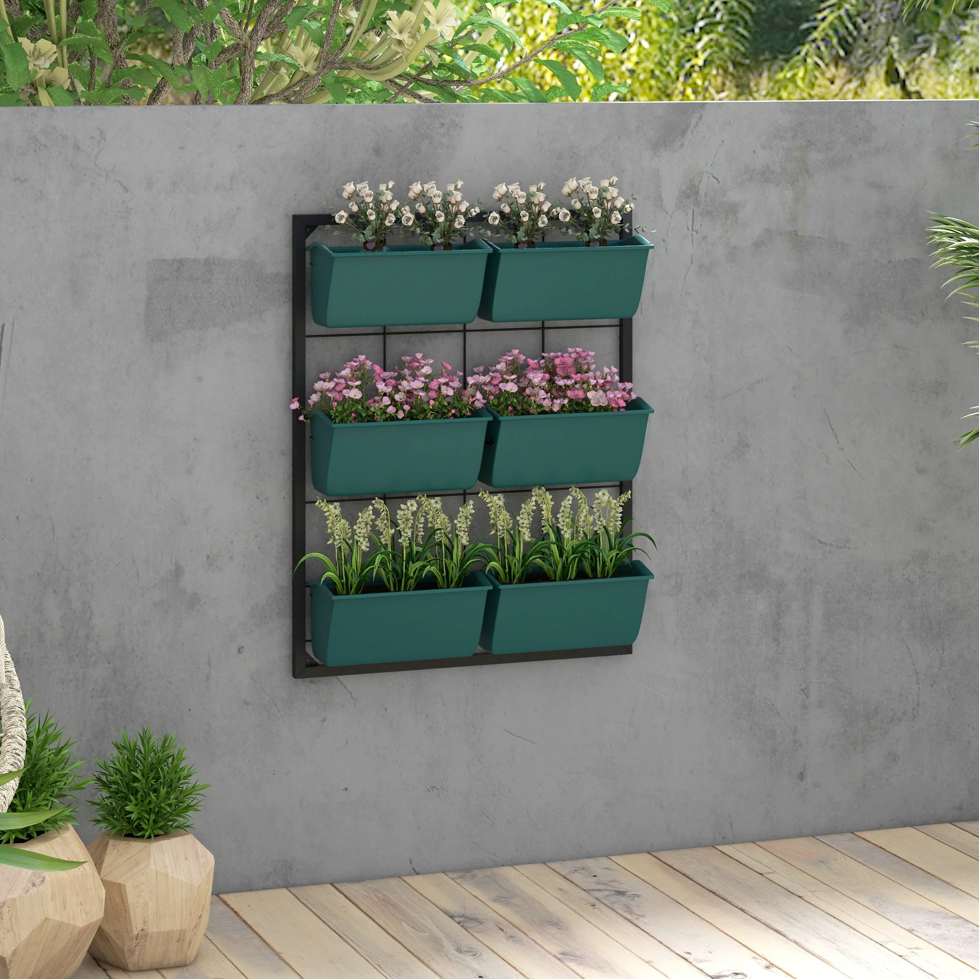 Outsunny 3-Tier Wall-Mounted Vertical Vegetable Garden with 6 Pots, Steel and Plastic, 52x14x66 cm, Green - Image 2
