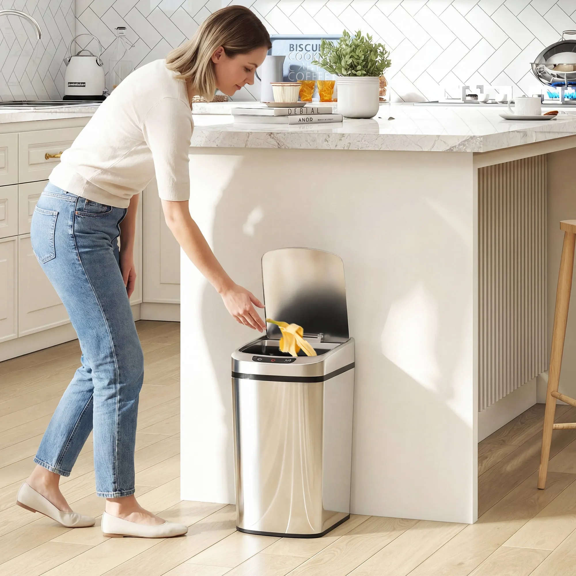 HOMCOM 12L Infrared Waste Bin with Removable Bucket, Stainless Steel, ABS and PP, 28x22x41 cm, Silver - Image 2