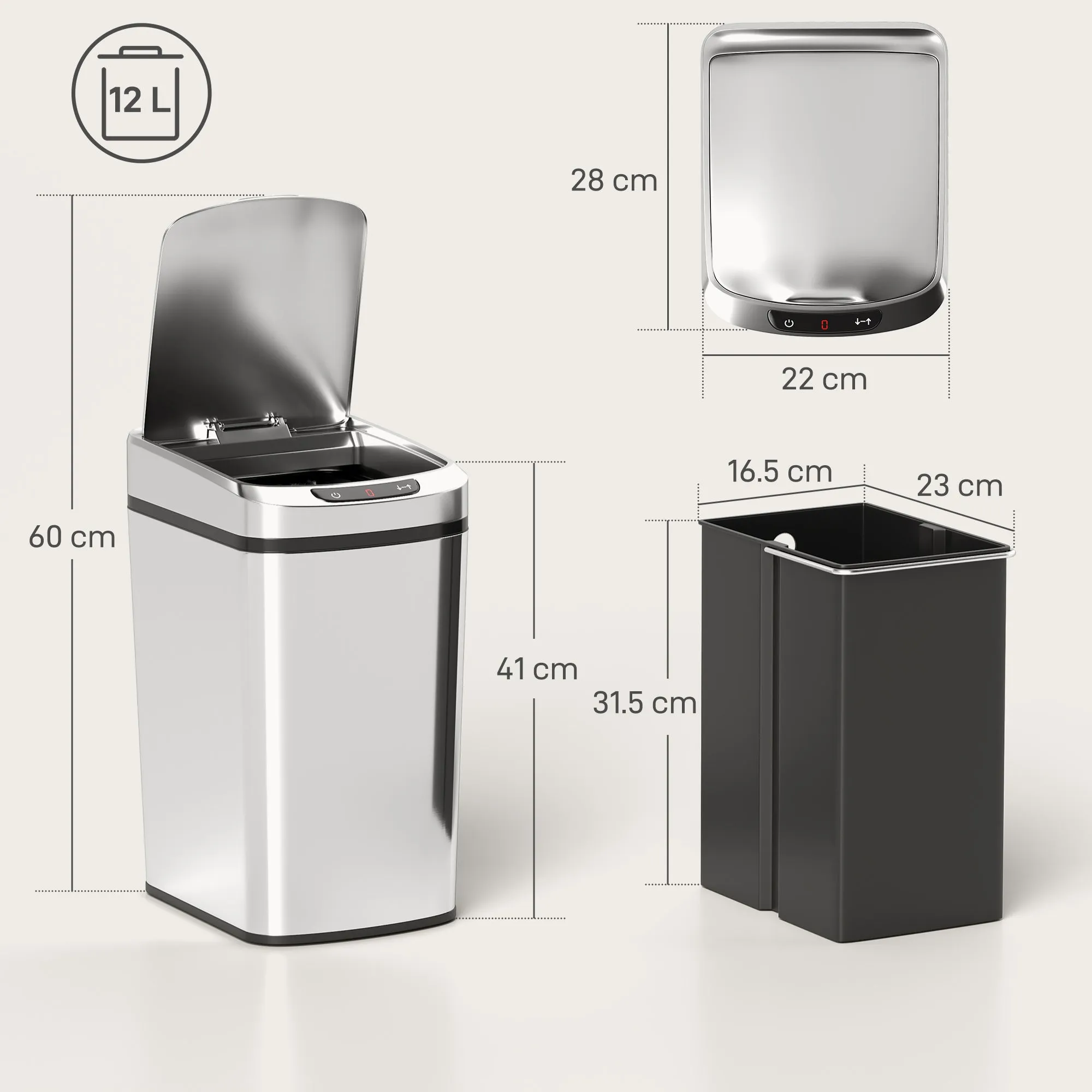 HOMCOM 12L Infrared Waste Bin with Removable Bucket, Stainless Steel, ABS and PP, 28x22x41 cm, Silver - Image 3