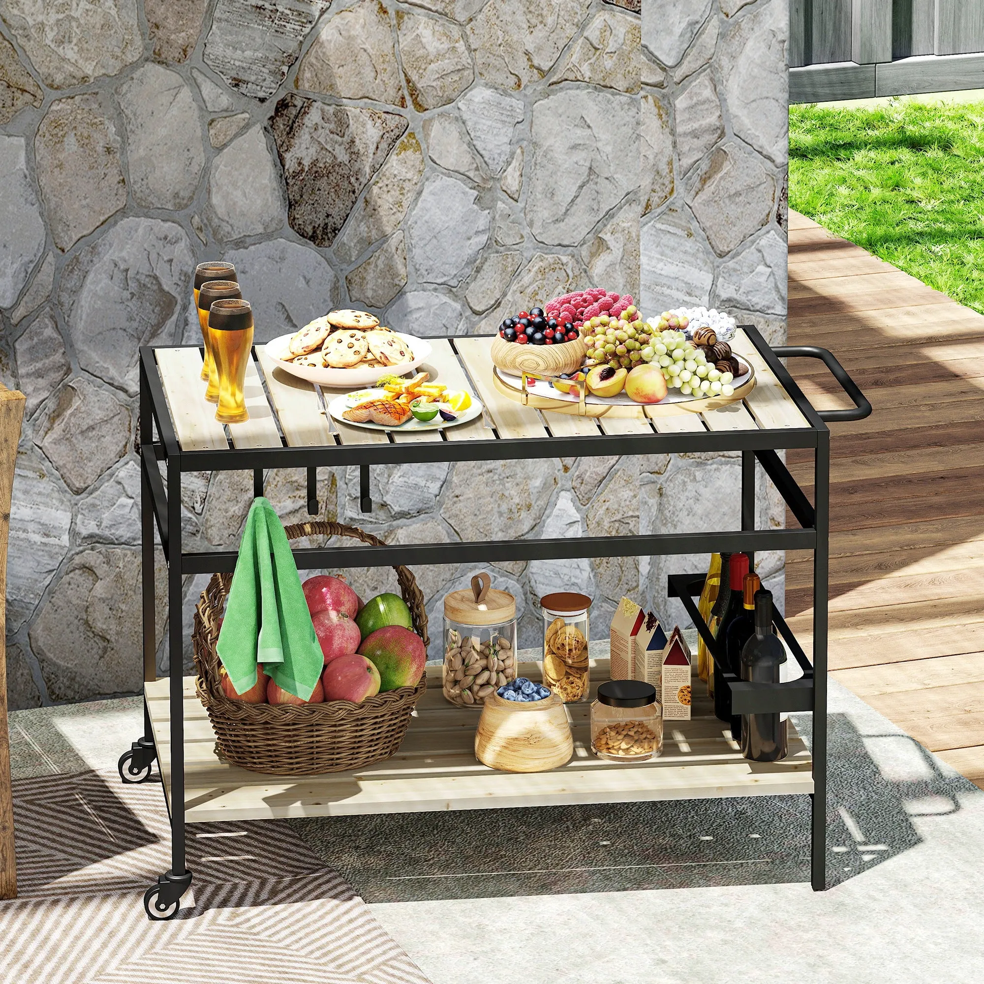 Outsunny Garden Food Cart in Wood with Slats and Steel, Shelf and Handle, 107x65x80 cm - Image 2