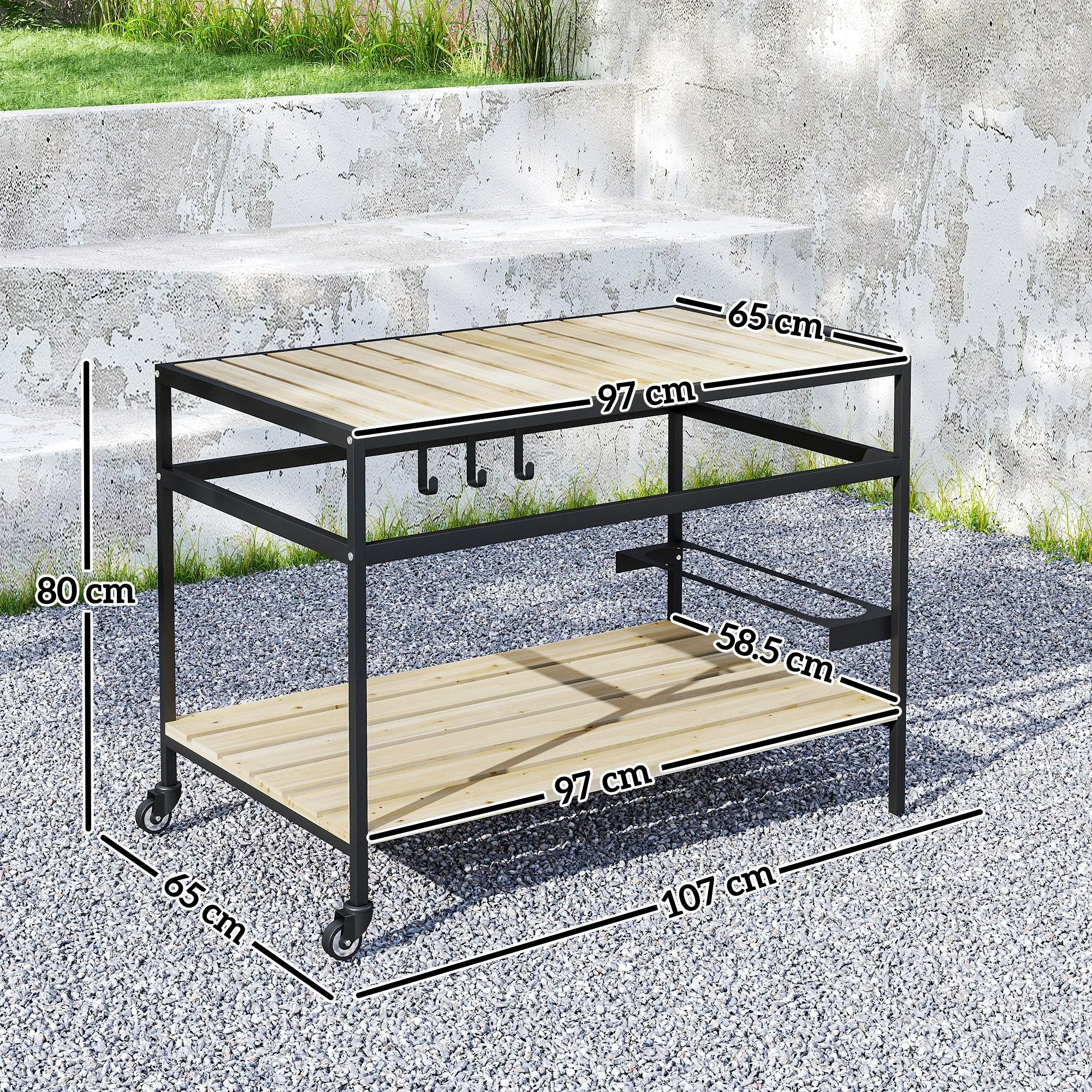 Outsunny Garden Food Cart in Wood with Slats and Steel, Shelf and Handle, 107x65x80 cm - Image 3