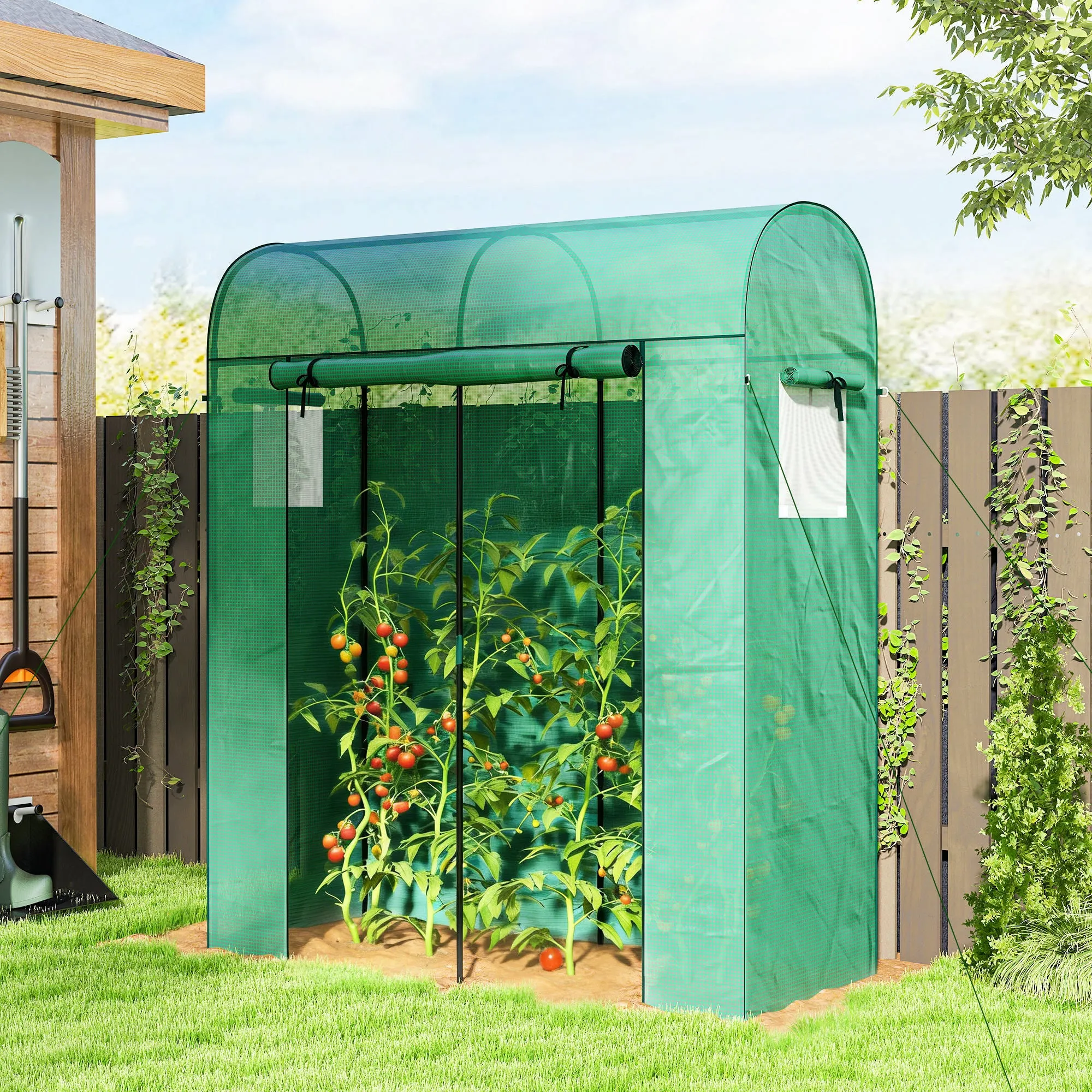 Outsunny Garden Greenhouse with PE Lining, Roll-Up Door and Mesh Windows, 170x68x200 cm, Green - Image 2