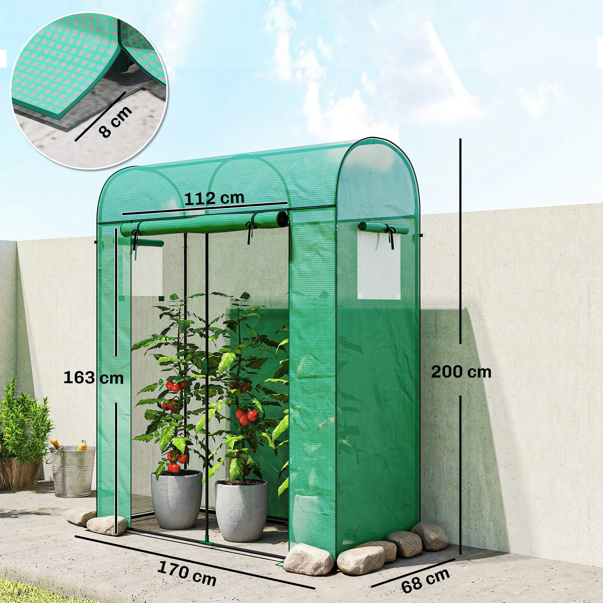 Outsunny Garden Greenhouse with PE Lining, Roll-Up Door and Mesh Windows, 170x68x200 cm, Green - Image 3