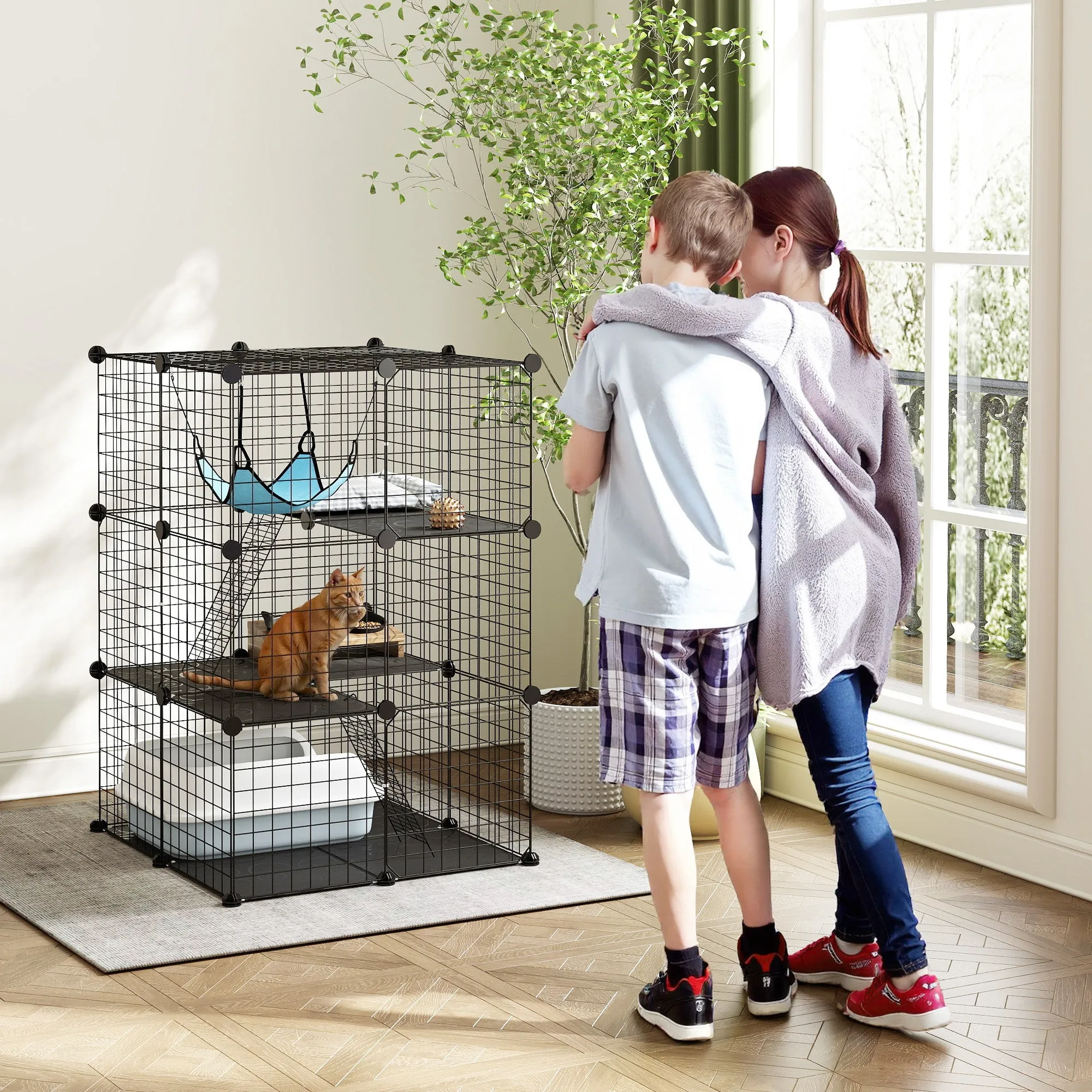 PawHut Cat Cage, Customizable 3-Tier Enclosure, 105cm, Black - Image 2