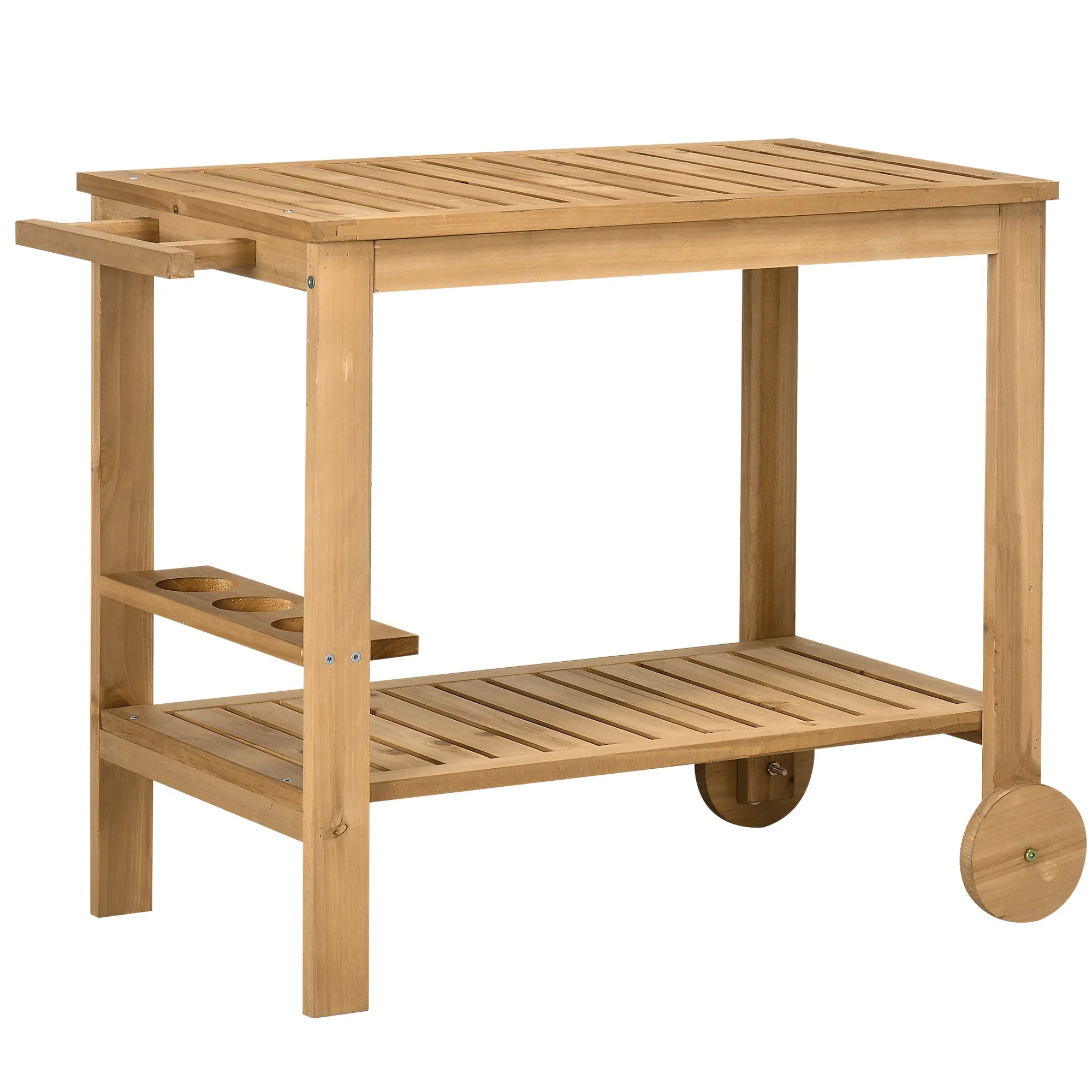 Outsunny Wooden Garden Food Cart with 2 Shelves and Bottle Holder, 95x47x74 cm, Wood Color