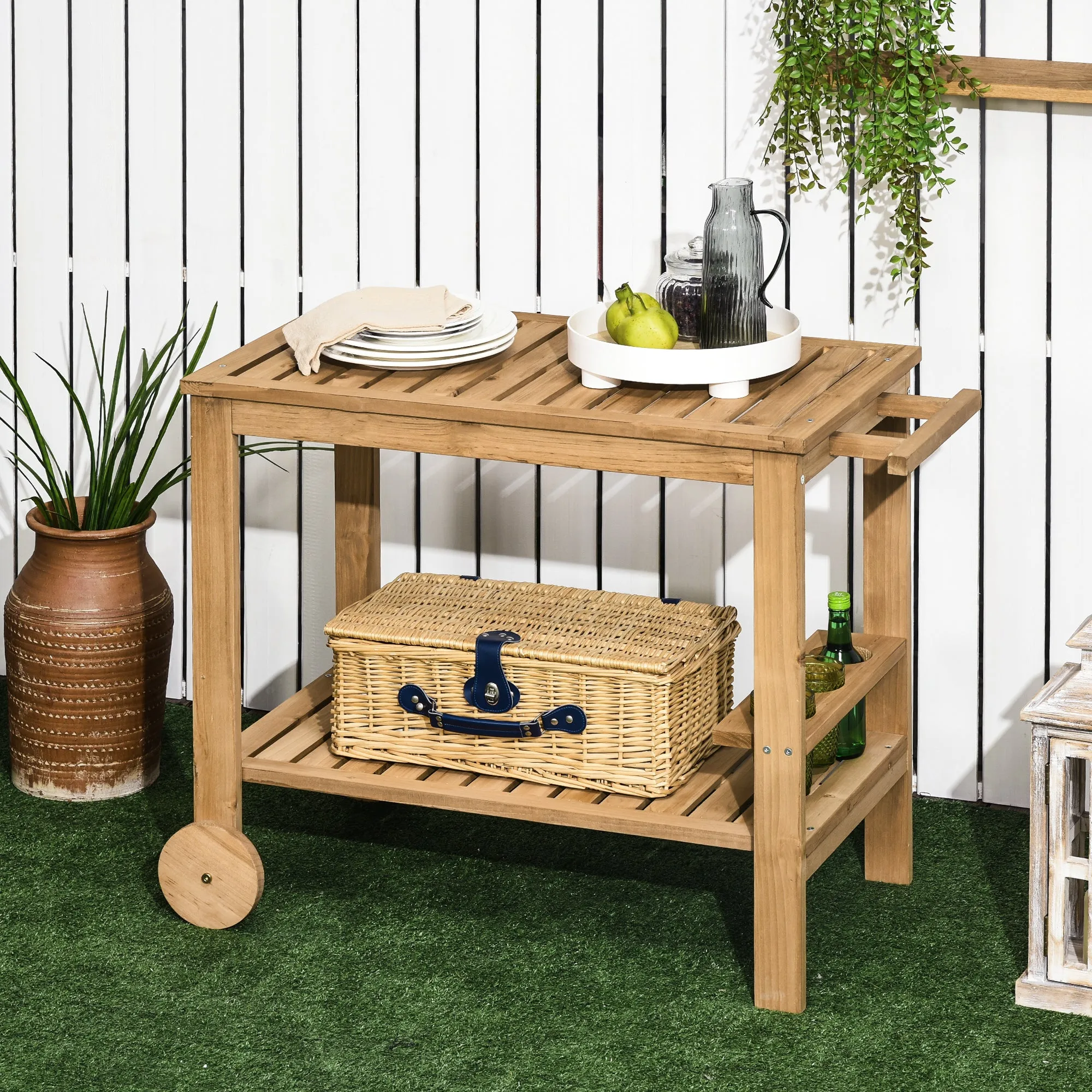 Outsunny Wooden Garden Food Cart with 2 Shelves and Bottle Holder, 95x47x74 cm, Wood Color - Image 2