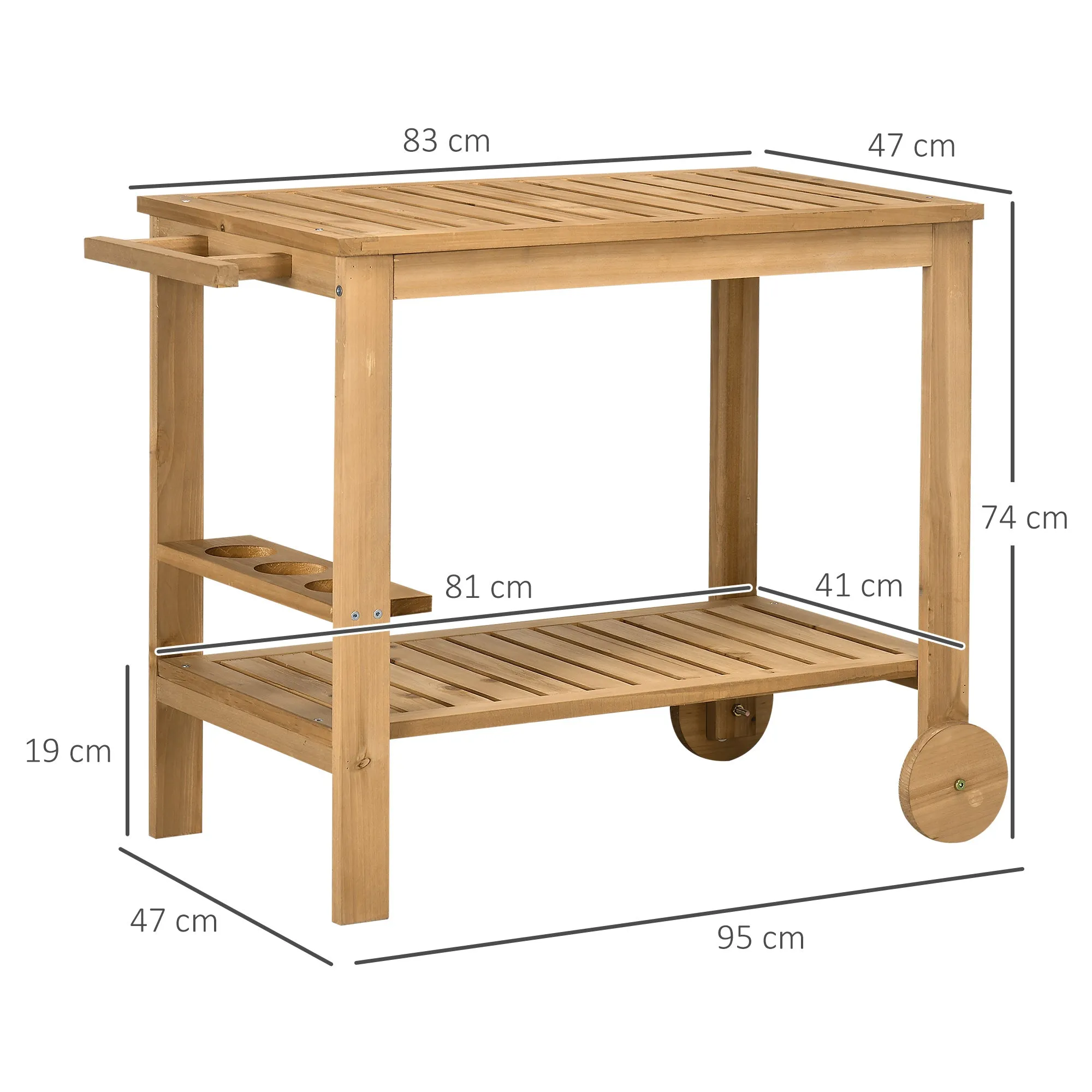 Outsunny Wooden Garden Food Cart with 2 Shelves and Bottle Holder, 95x47x74 cm, Wood Color - Image 3