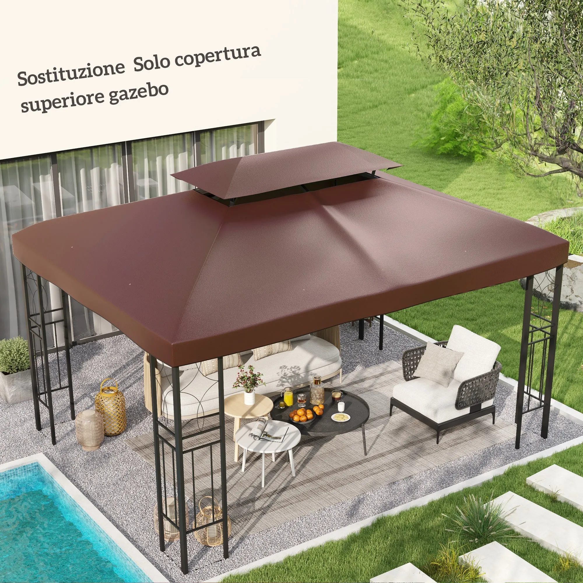 Outsunny 3x4m 2-Tier Garden Gazebo Cover in 600D Oxford Fabric with Drainage Holes, Coffee - Image 2