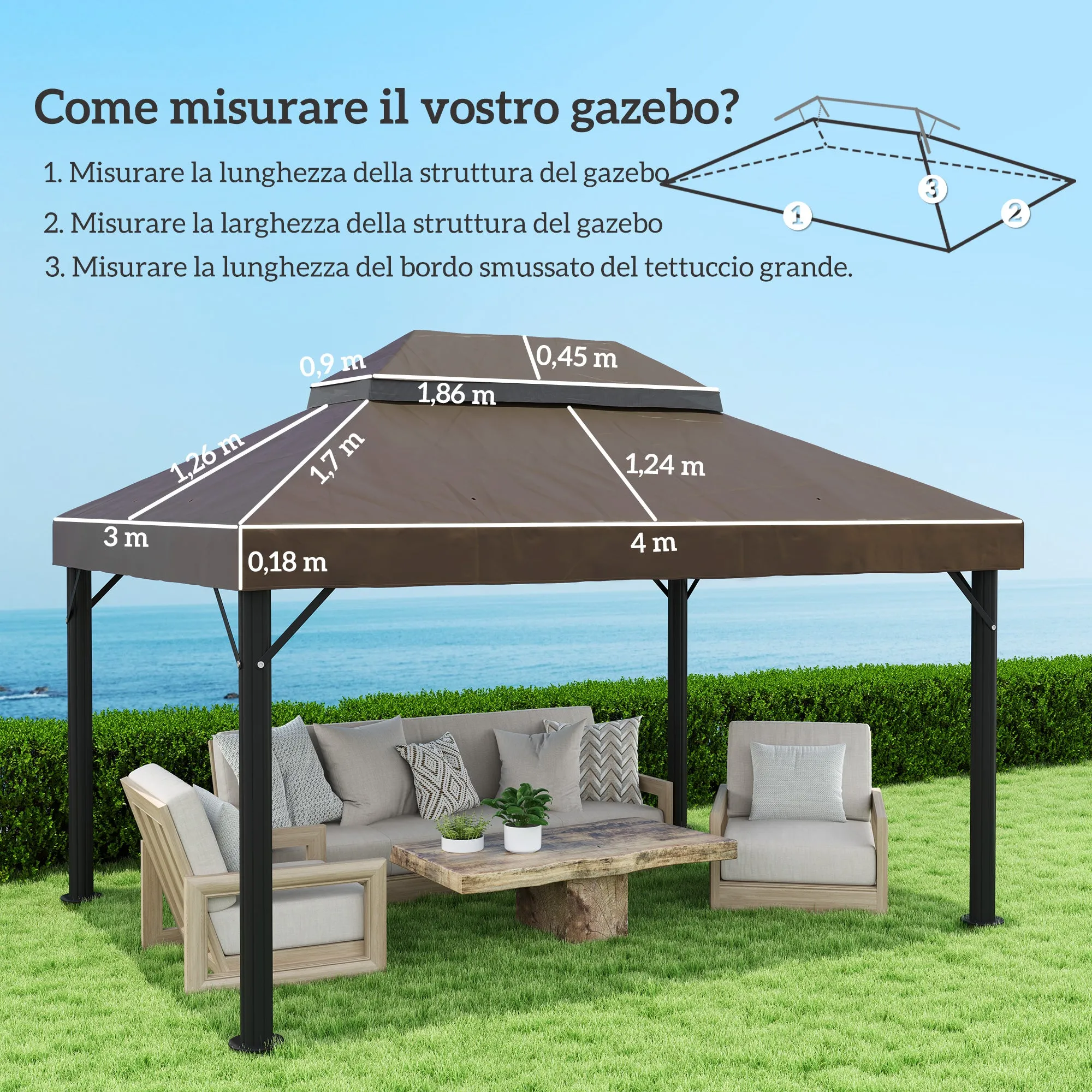 Outsunny 3x4m 2-Tier Garden Gazebo Cover in 600D Oxford Fabric with Drainage Holes, Coffee - Image 3