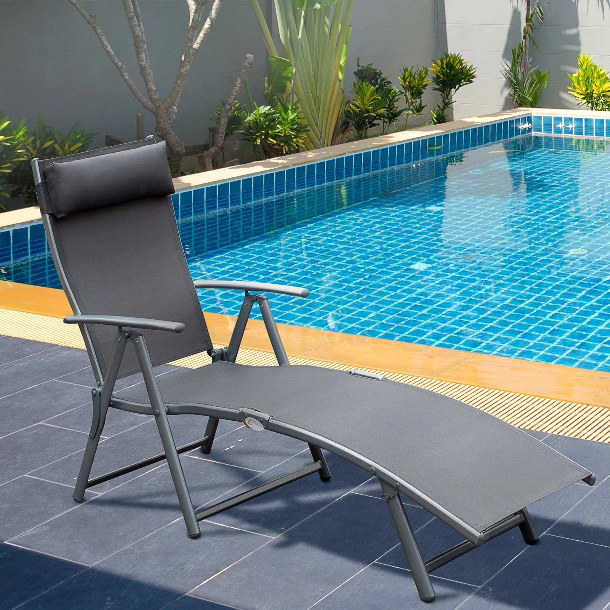 Outsunny Folding Garden Lounger with Cushion, 7-Reclining Backrest, 137x63.5x100.5cm, Grey - Image 2