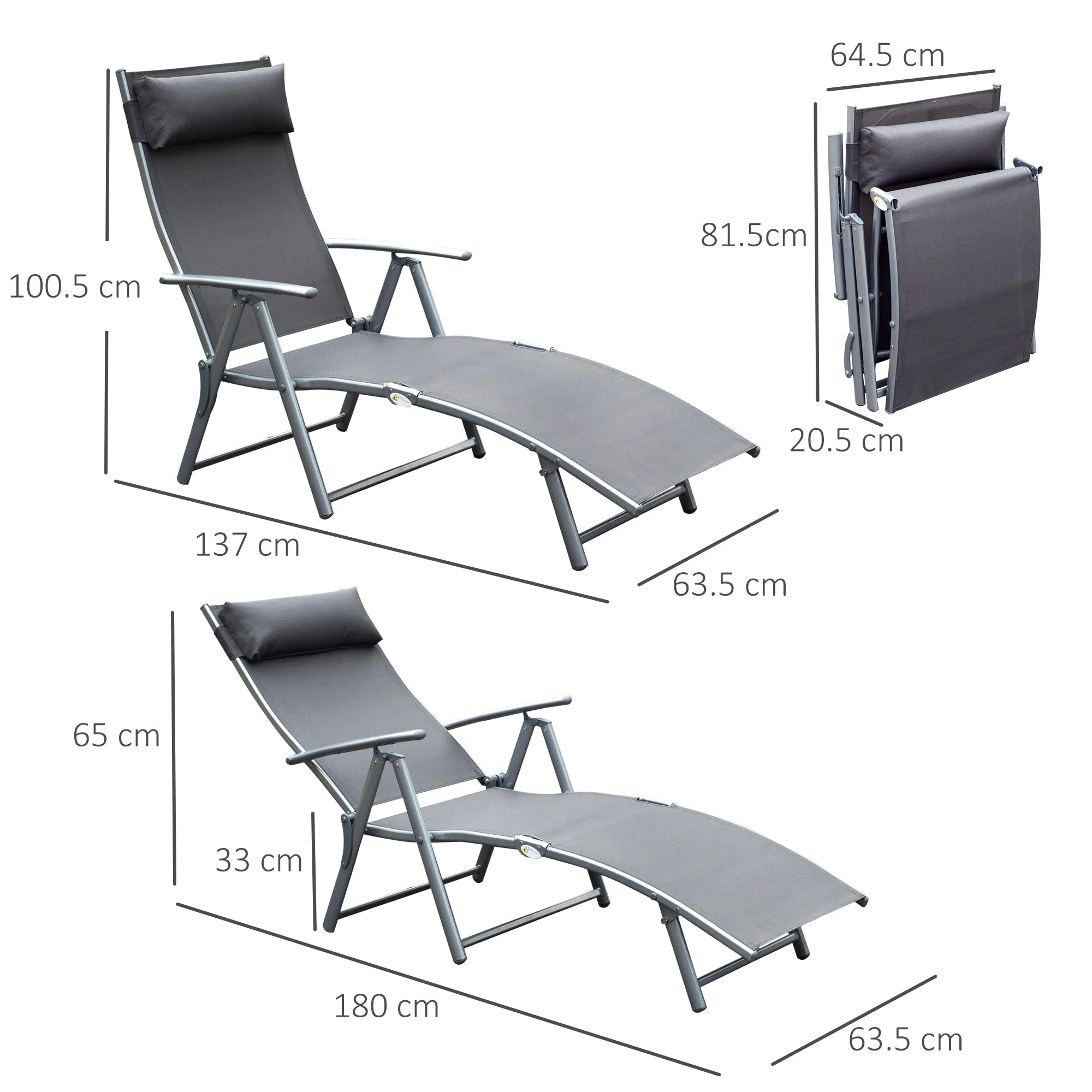 Outsunny Folding Garden Lounger with Cushion, 7-Reclining Backrest, 137x63.5x100.5cm, Grey - Image 3