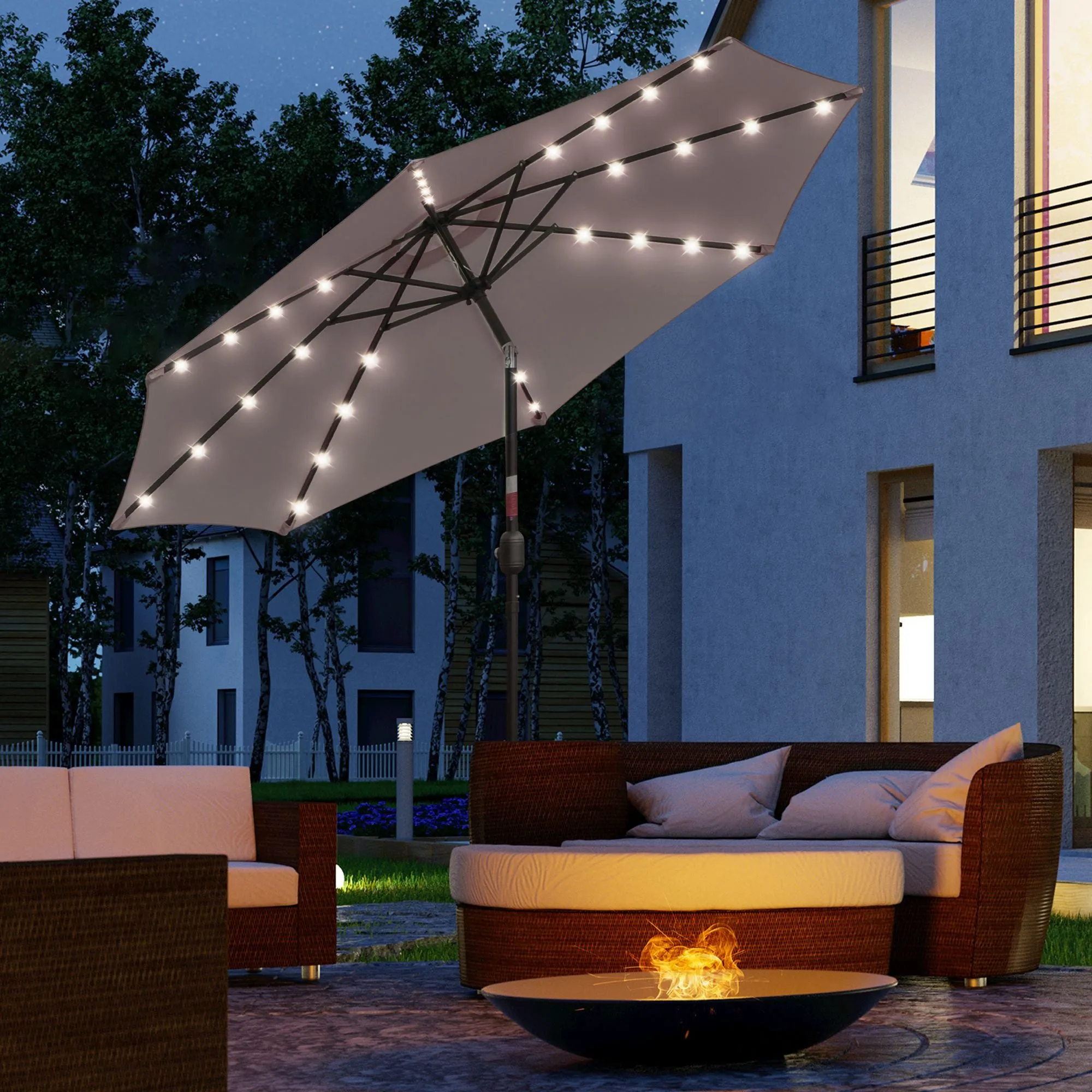 Outsunny Tilting Garden Umbrella Ø265 cm with 32 Solar LED Lights and Crank Handle, Grey - Image 2