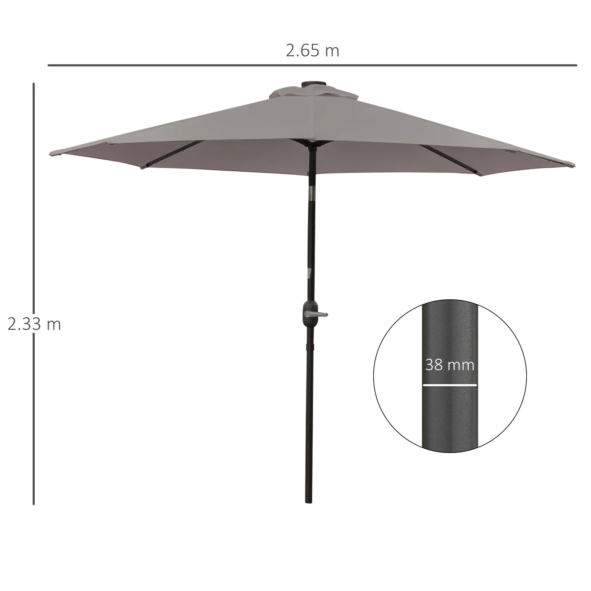 Outsunny Tilting Garden Umbrella Ø265 cm with 32 Solar LED Lights and Crank Handle, Grey - Image 3