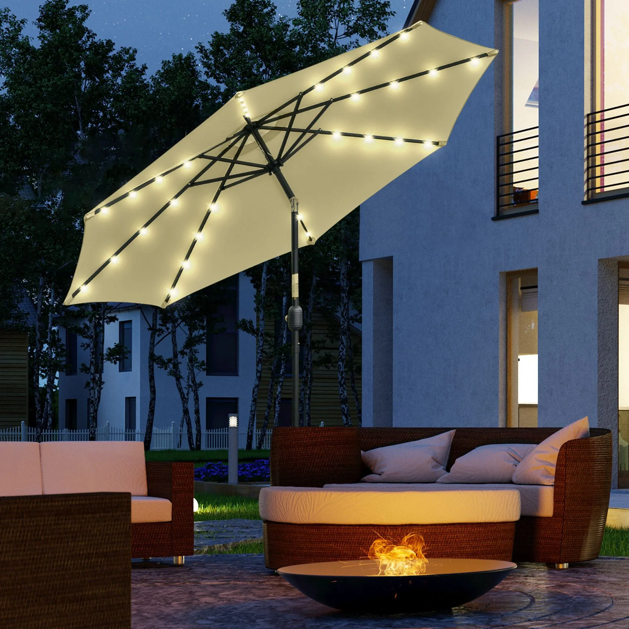 Outsunny Ø265cm Tilting Garden Umbrella with 32 Solar LED Lights and Crank Handle, Beige - Image 2