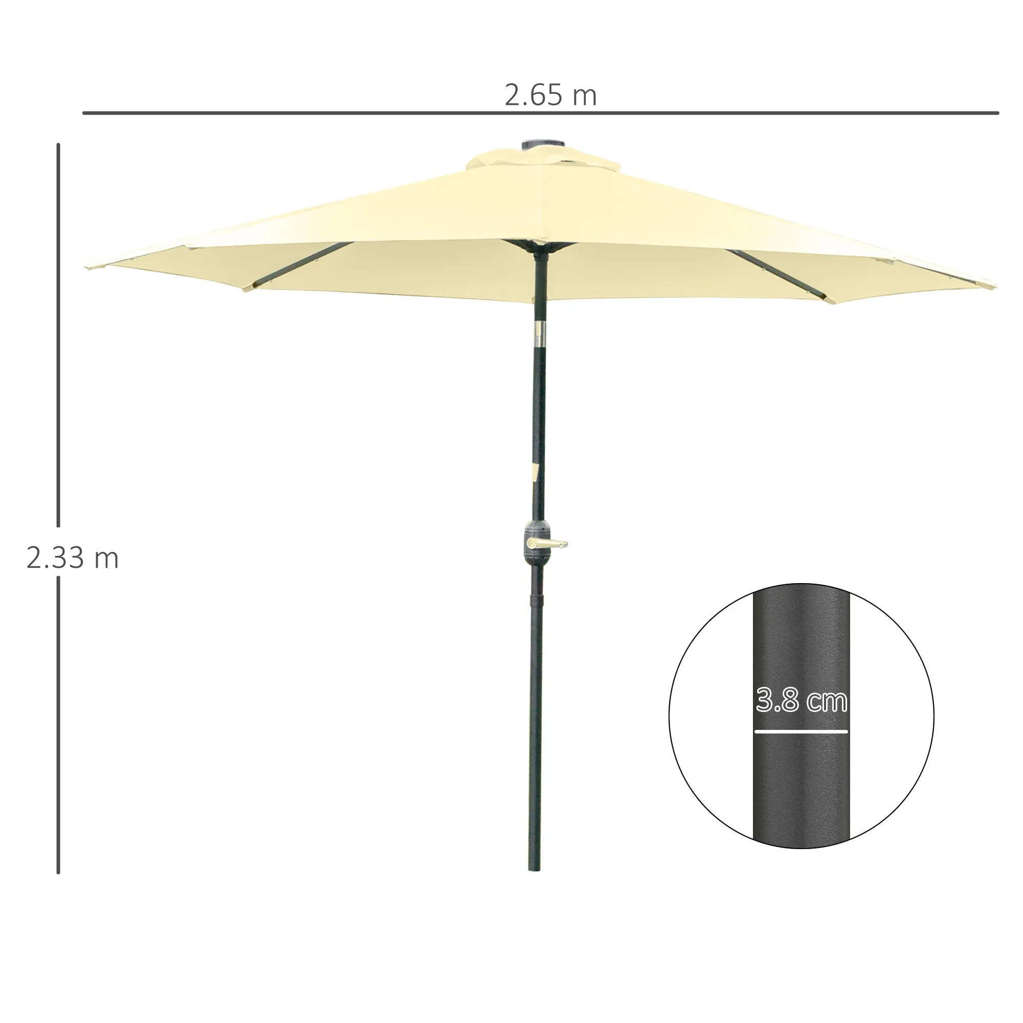 Outsunny Ø265cm Tilting Garden Umbrella with 32 Solar LED Lights and Crank Handle, Beige - Image 3