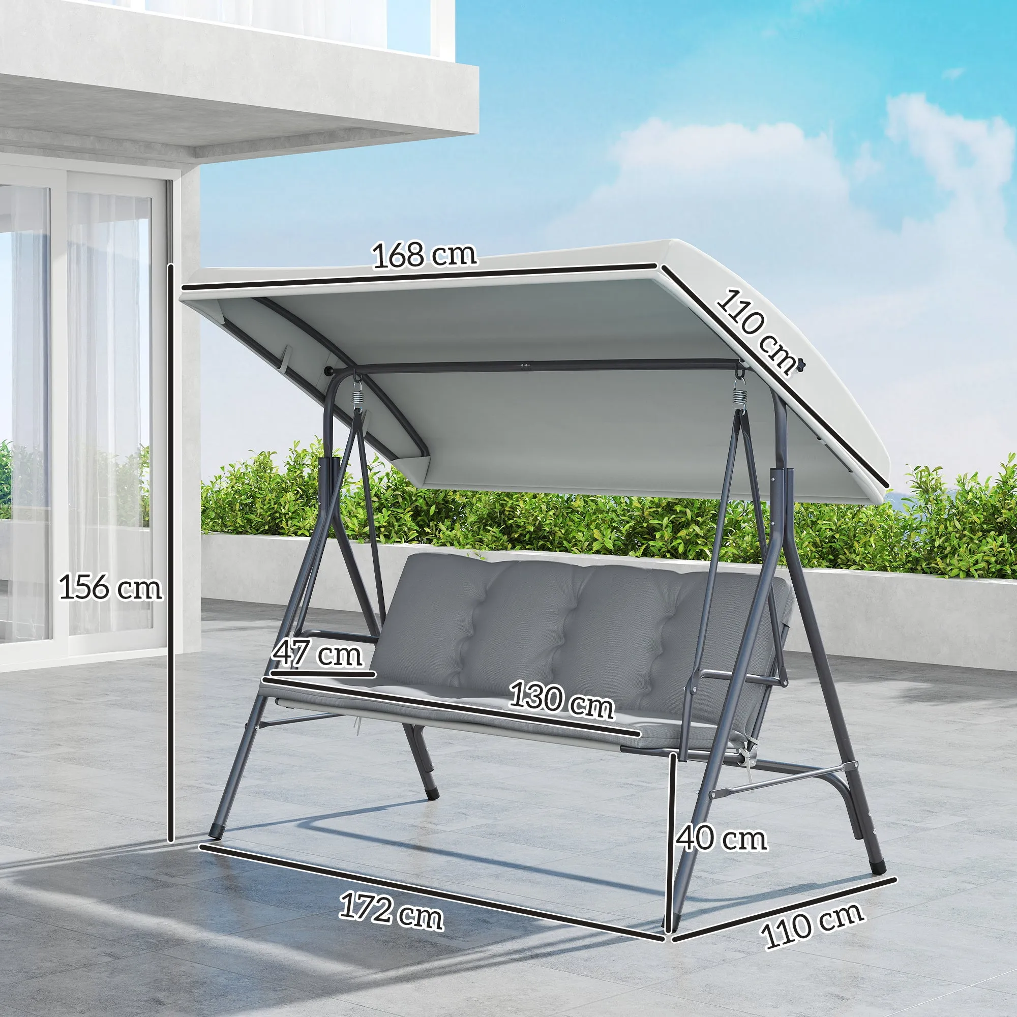 Outsunny 3-Seater Garden Swing with Adjustable Canopy and Cushions, 172x110x156 cm, Light Grey - Image 3