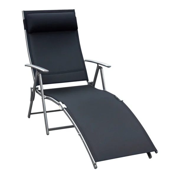 Outsunny Folding Garden Lounger with Cushion, 7-Reclining Backrest, 137x63.5x100.5cm, Black
