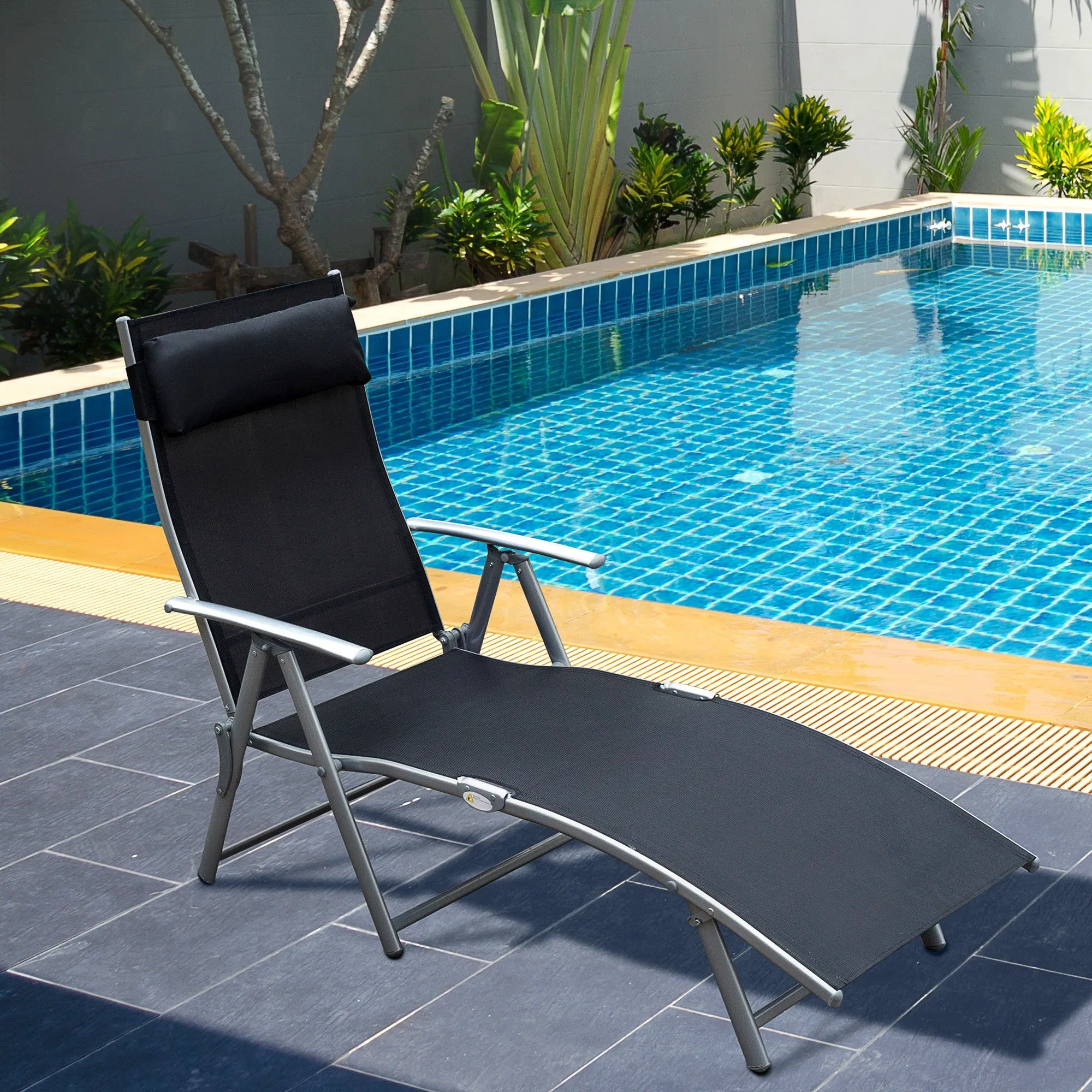 Outsunny Folding Garden Lounger with Cushion, 7-Reclining Backrest, 137x63.5x100.5cm, Black - Image 2