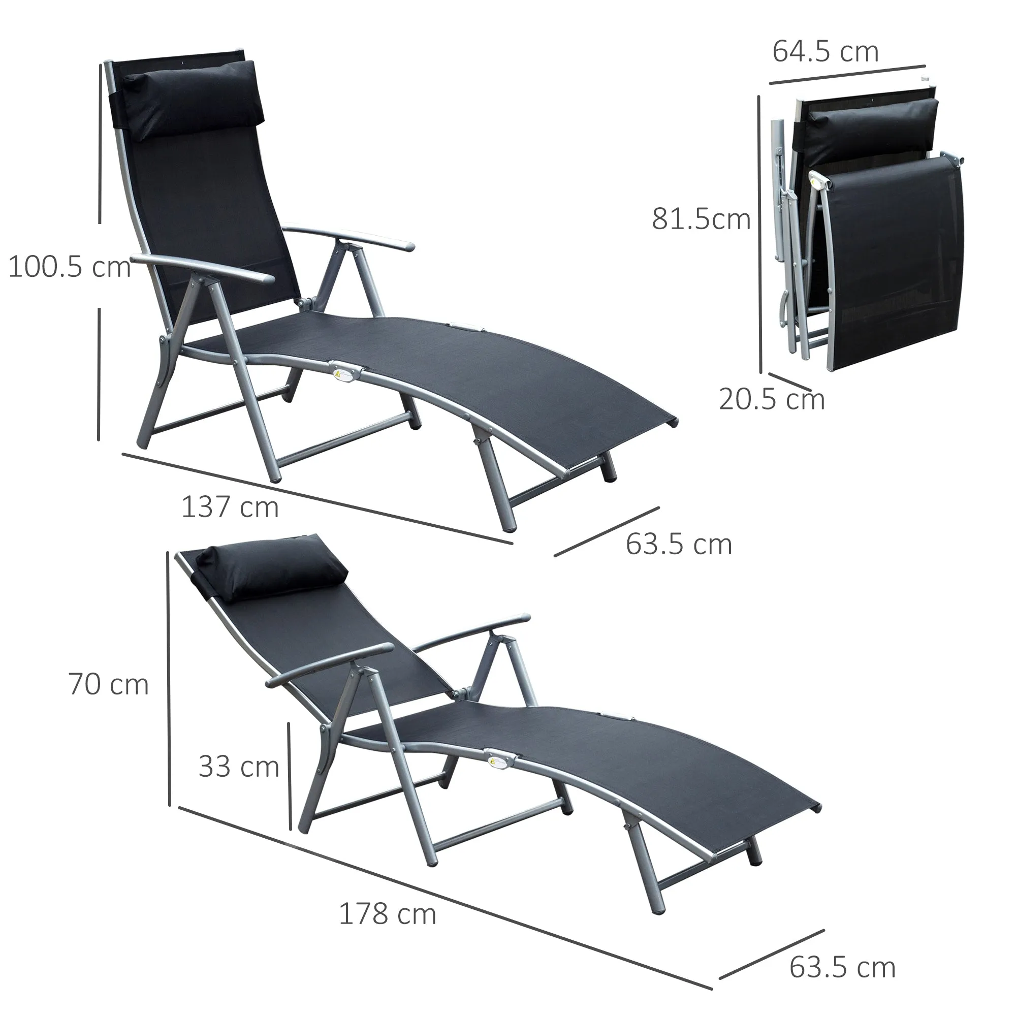 Outsunny Folding Garden Lounger with Cushion, 7-Reclining Backrest, 137x63.5x100.5cm, Black - Image 3