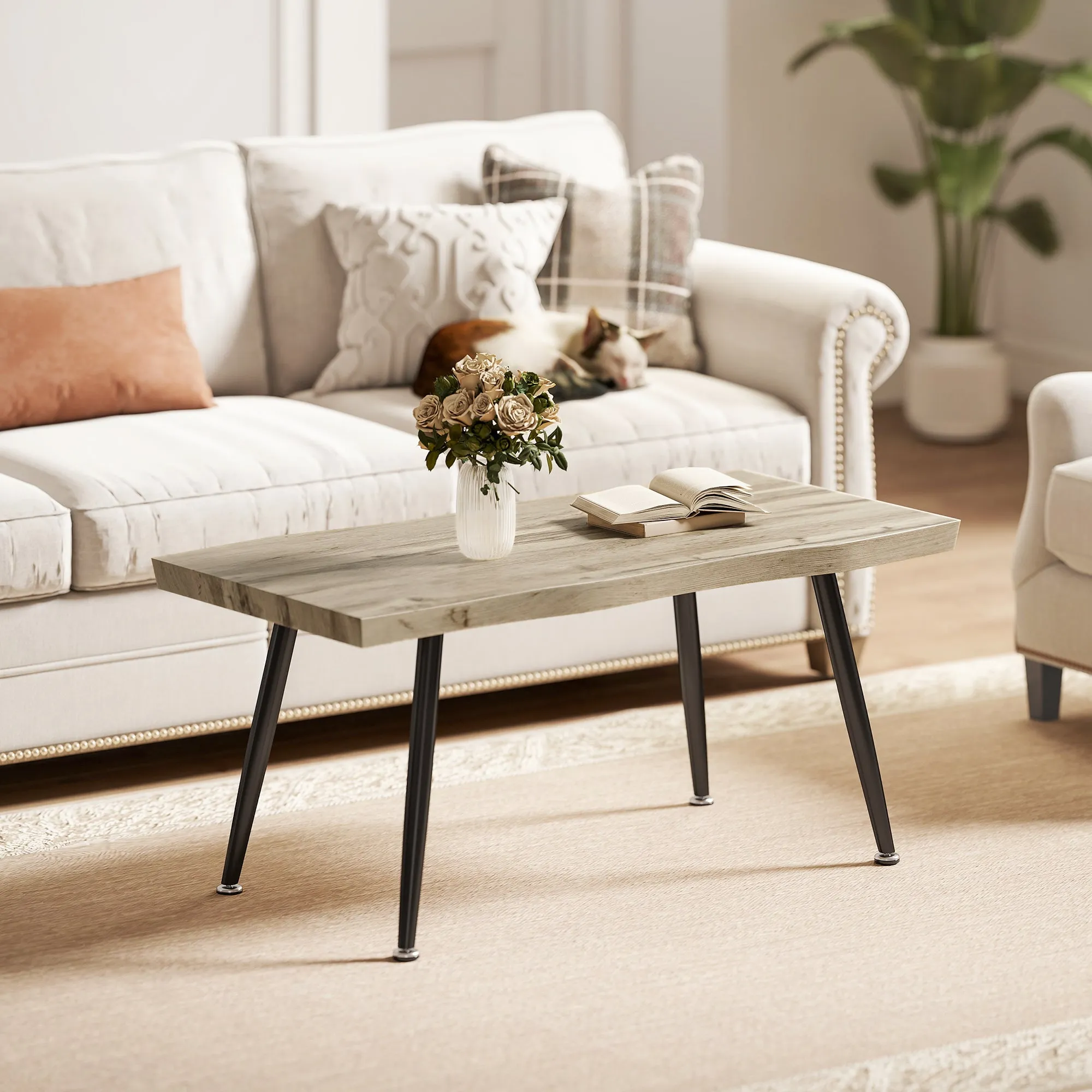 HOMCOM Nordic Style Coffee Table with Adjustable Feet, Wood and Steel, 100x50x45 cm, Black and Oak - Image 2