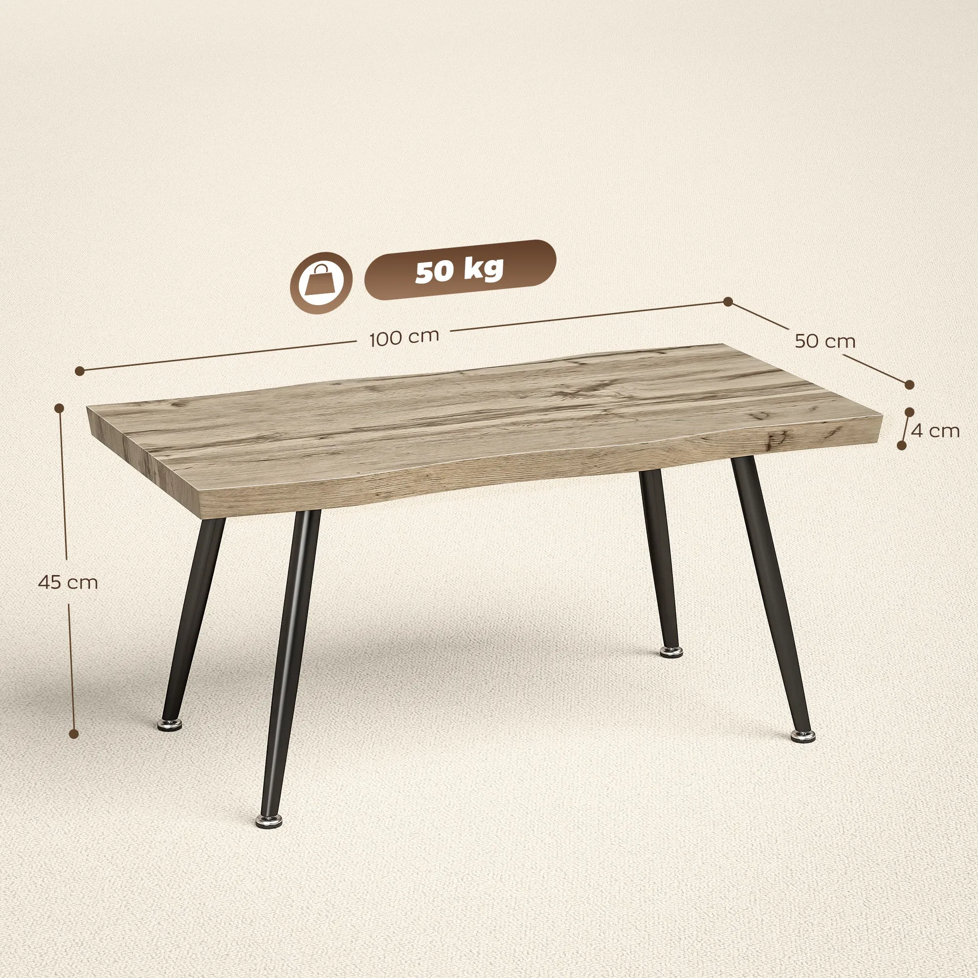 HOMCOM Nordic Style Coffee Table with Adjustable Feet, Wood and Steel, 100x50x45 cm, Black and Oak - Image 3