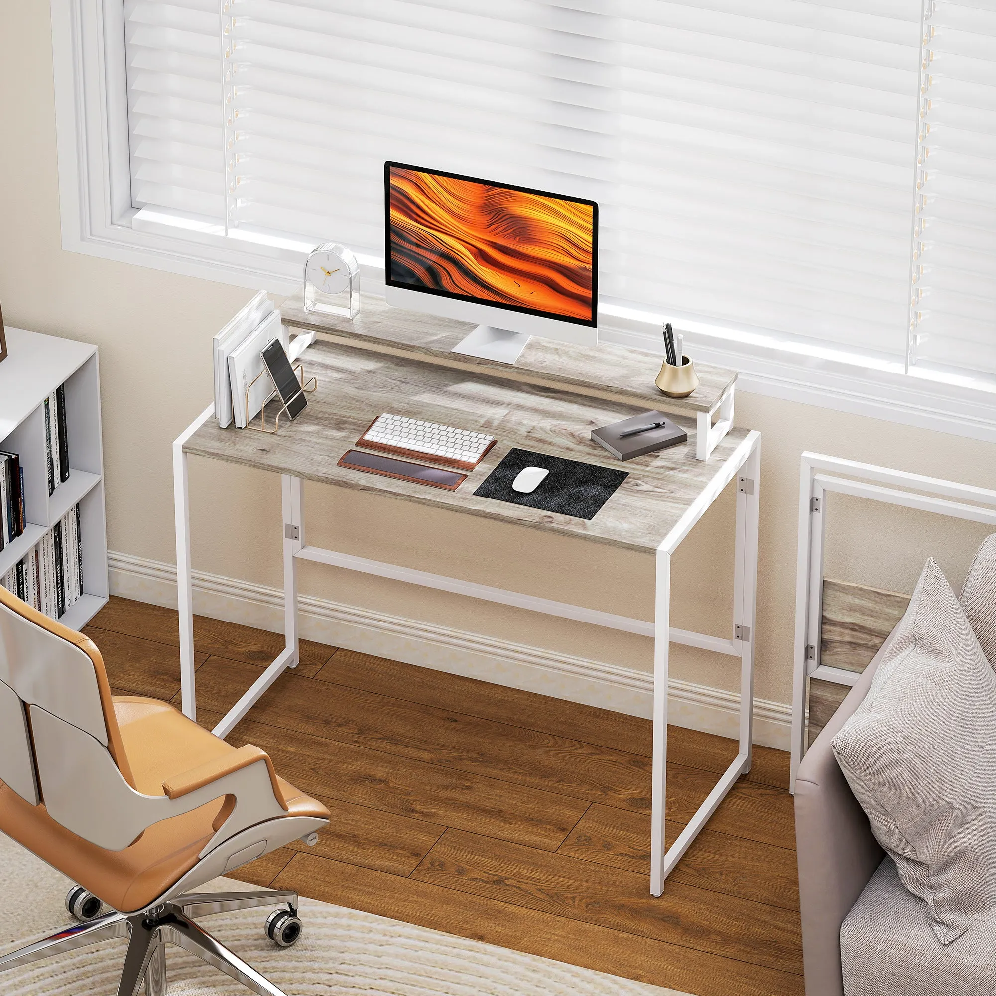 HOMCOM Space-Saving Folding Desk with Removable Monitor Stand, 100x48x87.5 cm, Wood - Image 2