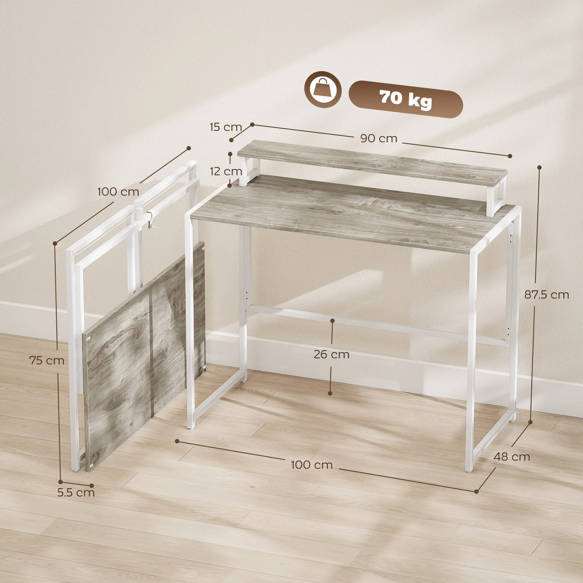 HOMCOM Space-Saving Folding Desk with Removable Monitor Stand, 100x48x87.5 cm, Wood - Image 3