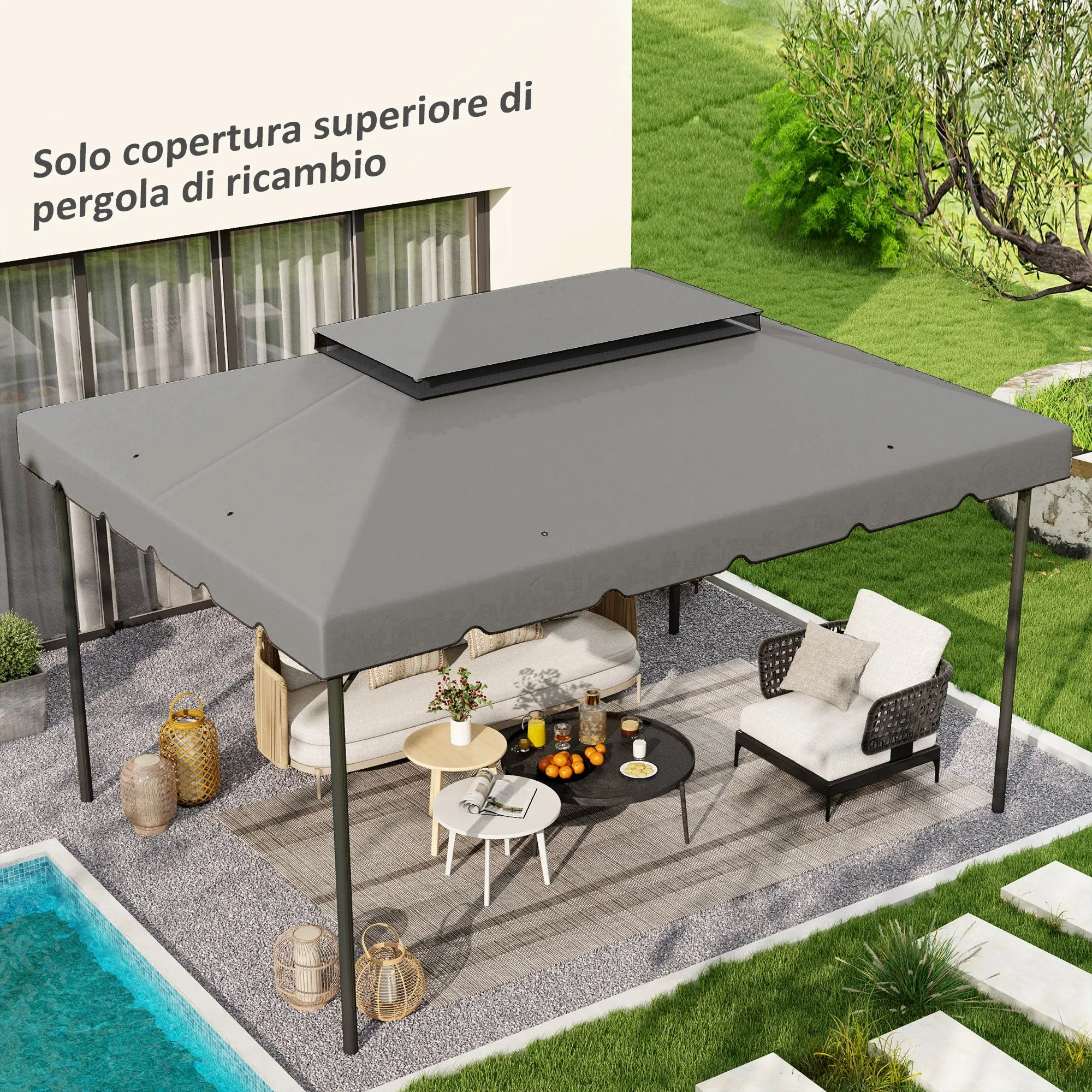 Outsunny 3x4m 2-Tier Gazebo Roof with 8 Drainage Holes in Light Grey Polyester - Image 2
