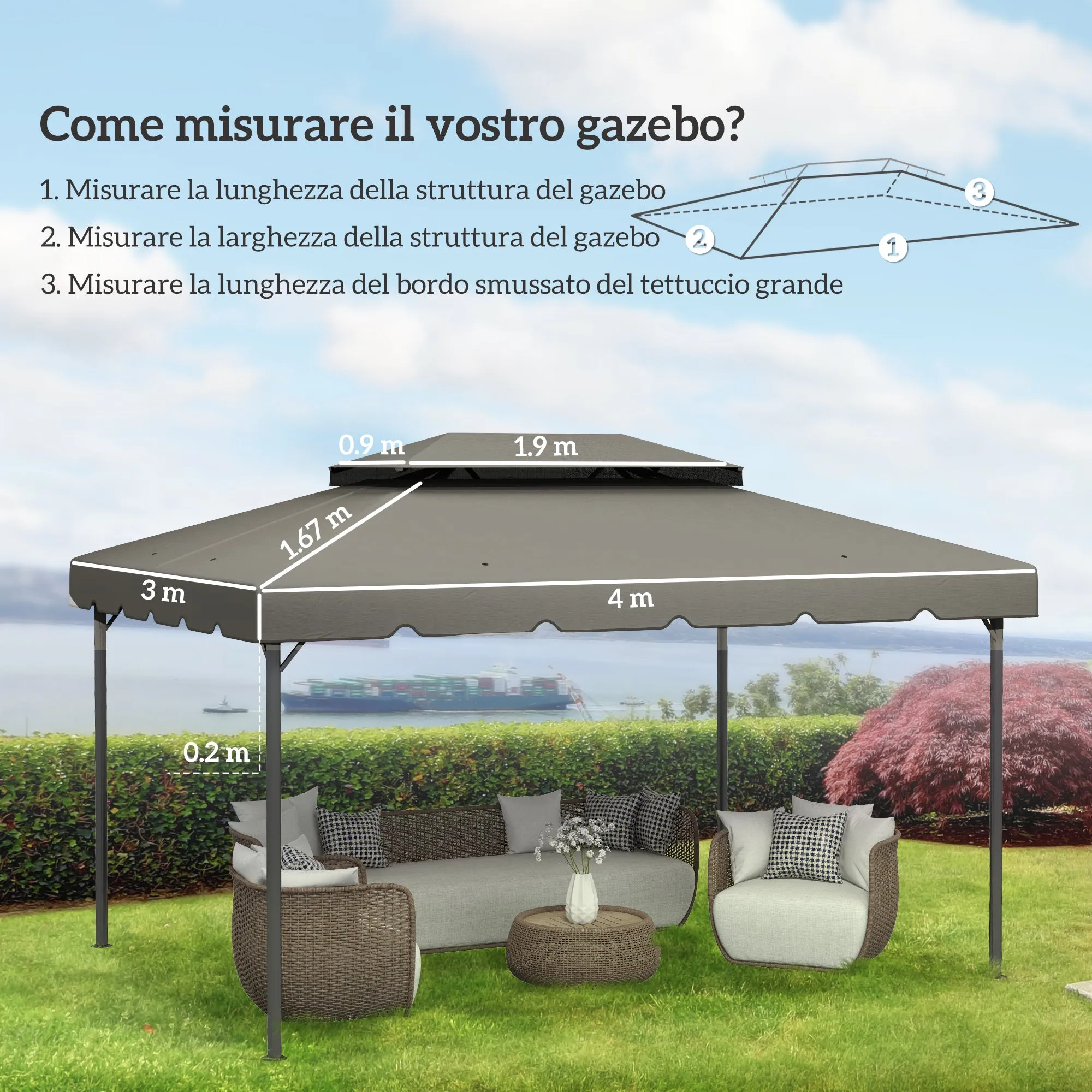Outsunny 3x4m 2-Tier Gazebo Roof with 8 Drainage Holes in Light Grey Polyester - Image 3