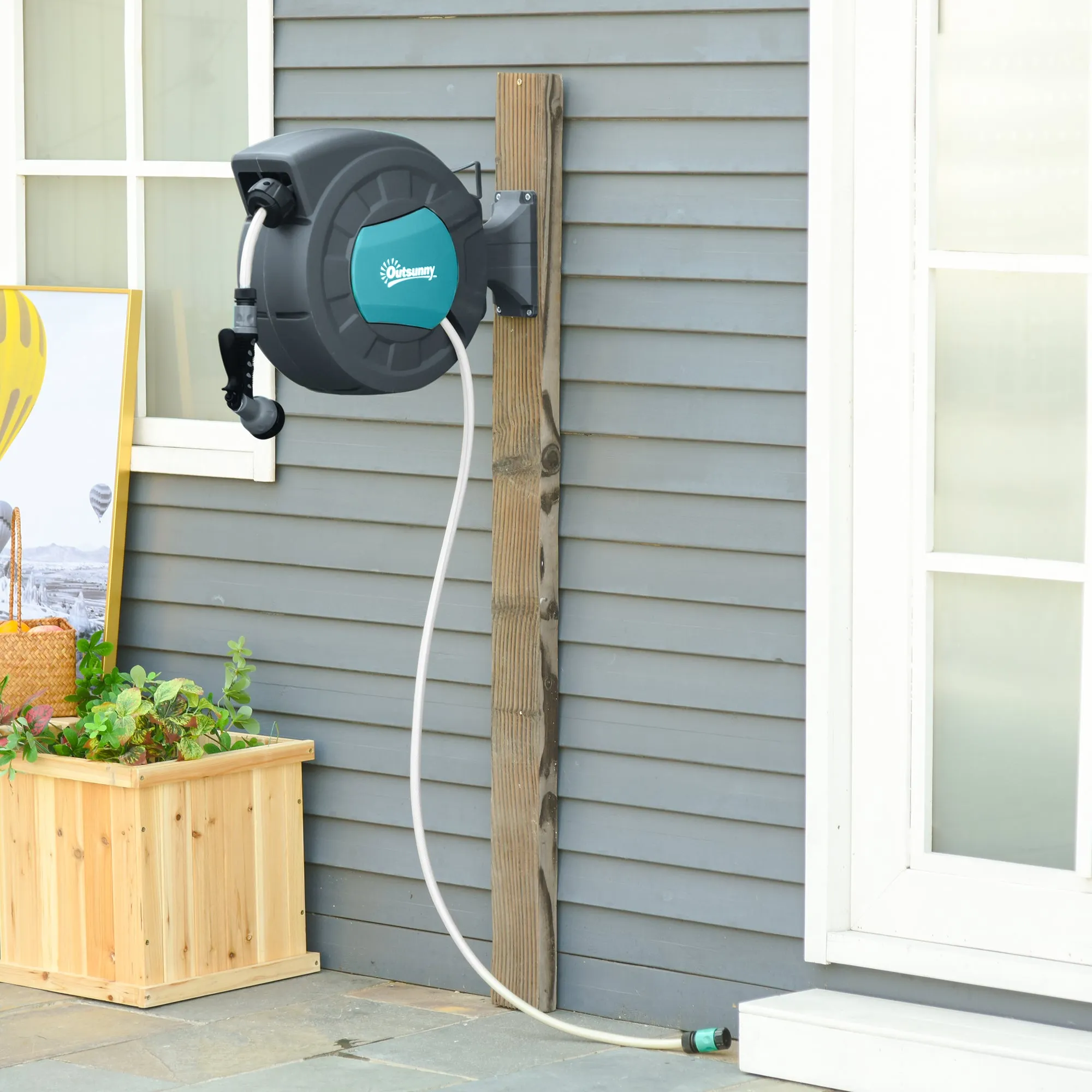 Outsunny 180° Rotating Automatic Wall-Mounted Hose Reel, 15m+1.4m Water Hose and Multifunction Gun, Grey - Image 2