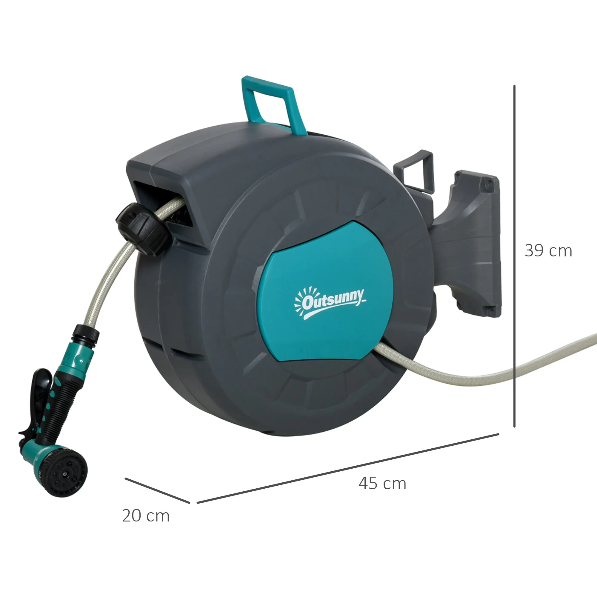 Outsunny 180° Rotating Automatic Wall-Mounted Hose Reel, 15m+1.4m Water Hose and Multifunction Gun, Grey - Image 3