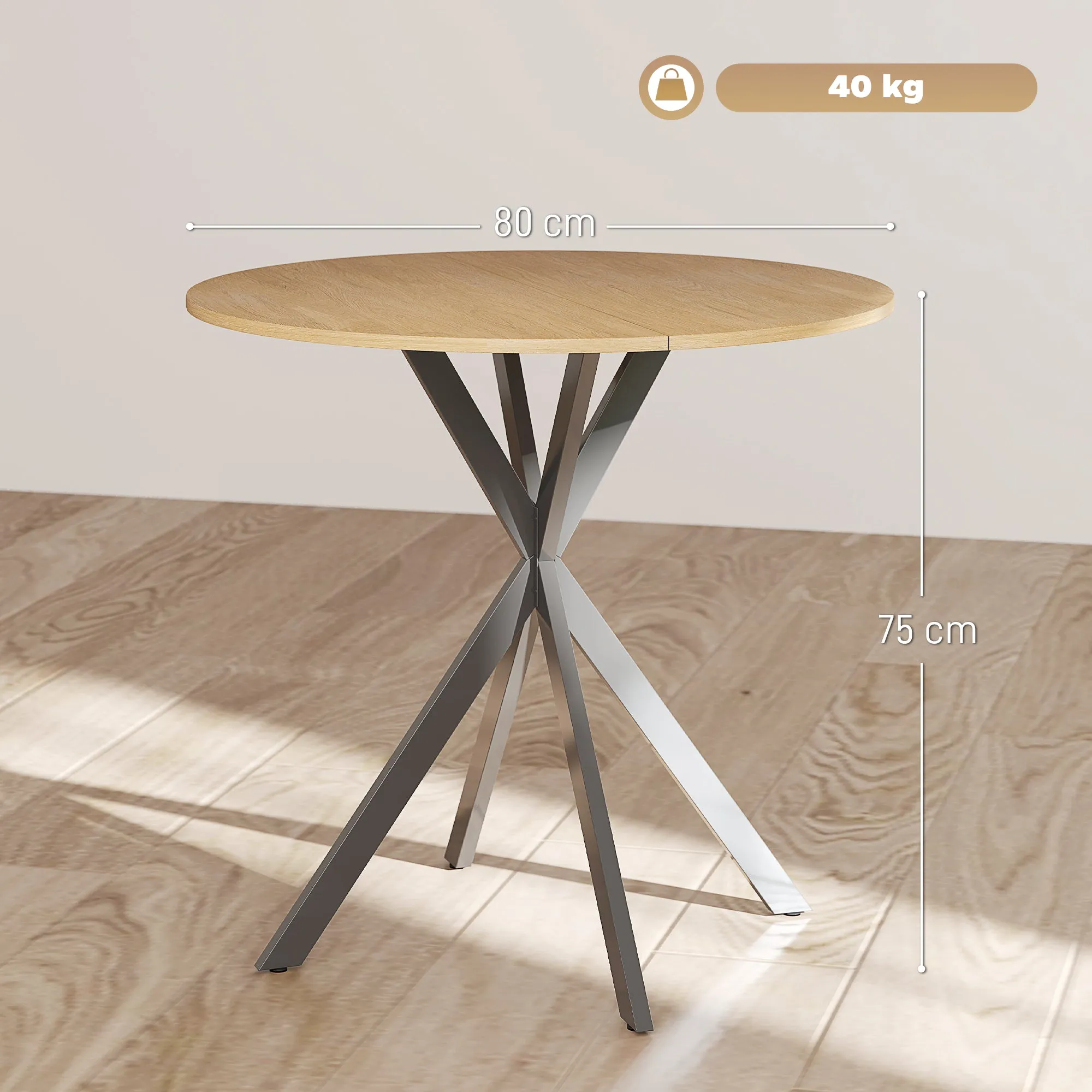HOMCOM Industrial Style Round Dining Table with Steel Cross Legs, Ø80x75 cm, Oak Color - Image 3