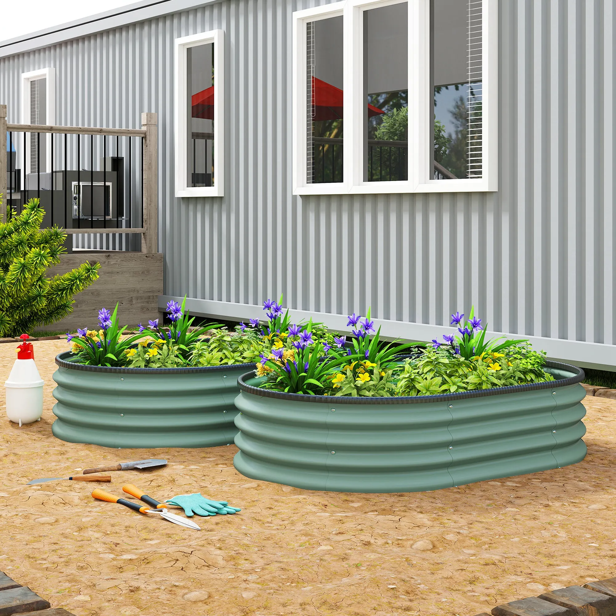 Outsunny Set of 2 Raised Garden Beds in Galvanized Metal with Rubber Edge and Modular Design, 135x90x30 cm Green - Image 2