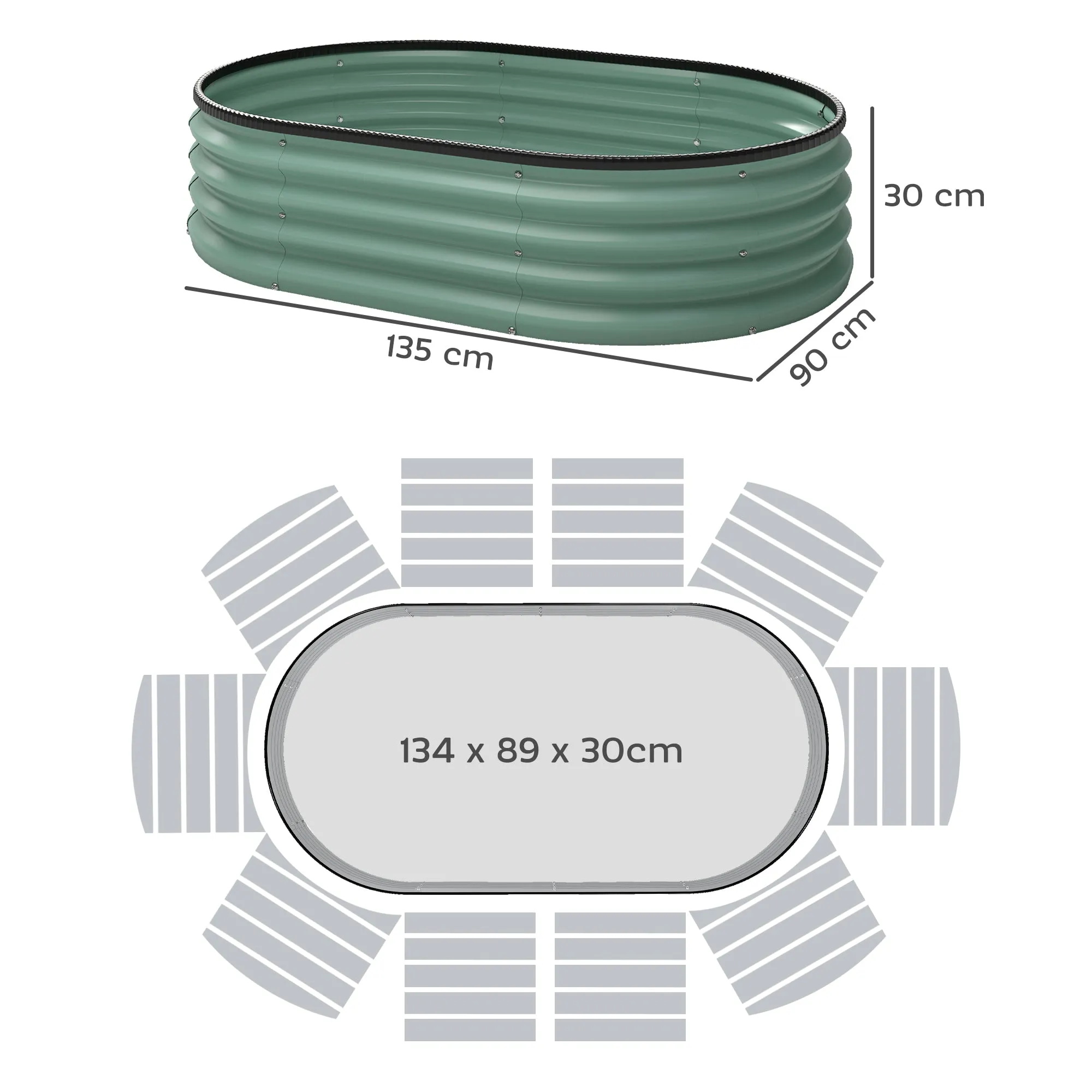 Outsunny Set of 2 Raised Garden Beds in Galvanized Metal with Rubber Edge and Modular Design, 135x90x30 cm Green - Image 3