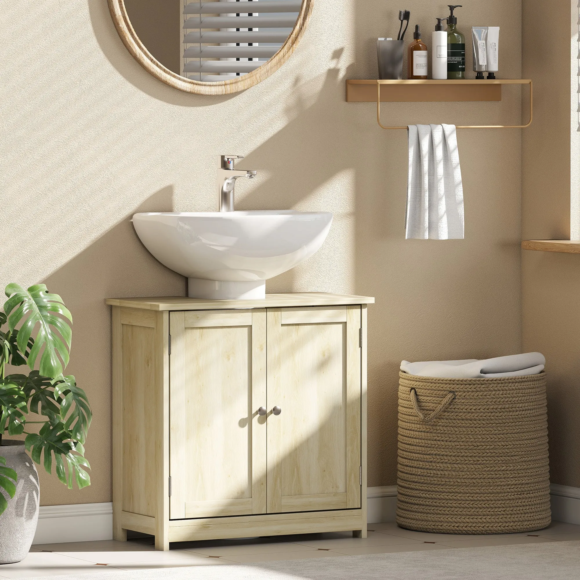 kleankin 2-Door Vanity Unit with Adjustable Shelf and U-Shaped Cutout, 60x30x60 cm, Oak - Image 2