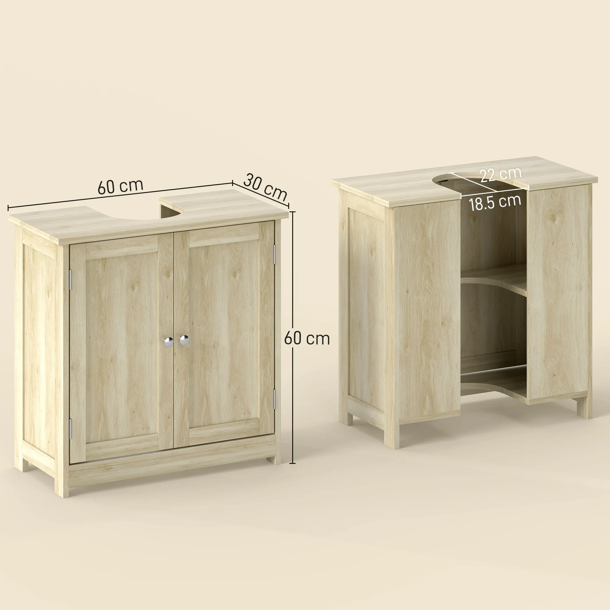 kleankin 2-Door Vanity Unit with Adjustable Shelf and U-Shaped Cutout, 60x30x60 cm, Oak - Image 3