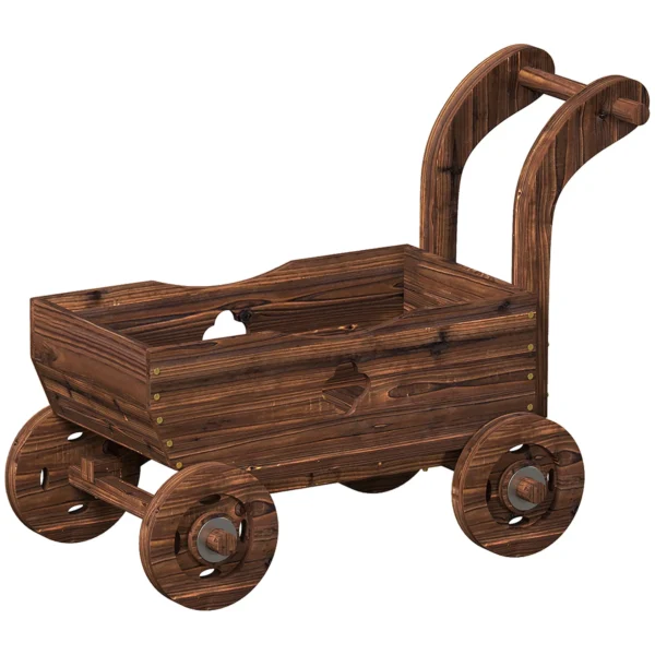 Outsunny Wooden Cart Planter with 4 Wheels, Handle and Drainage Holes, 68x38x52 cm, Wood